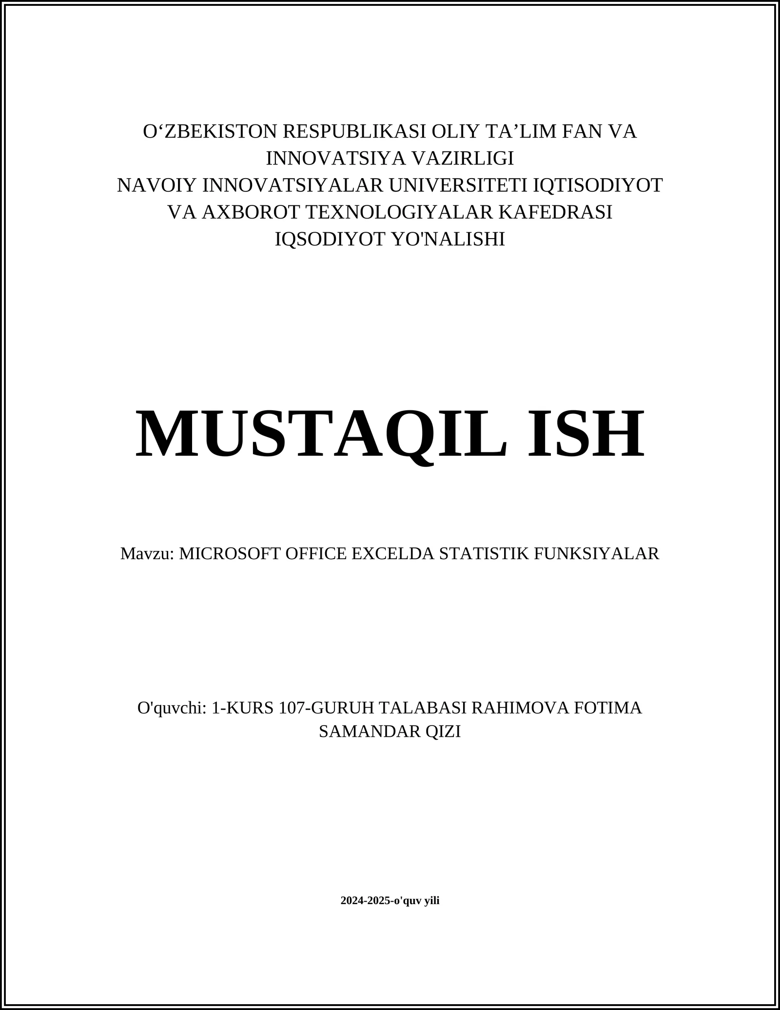 MICROSOFT OFFICE EXCELDA STATISTIK FUNKSIYALAR