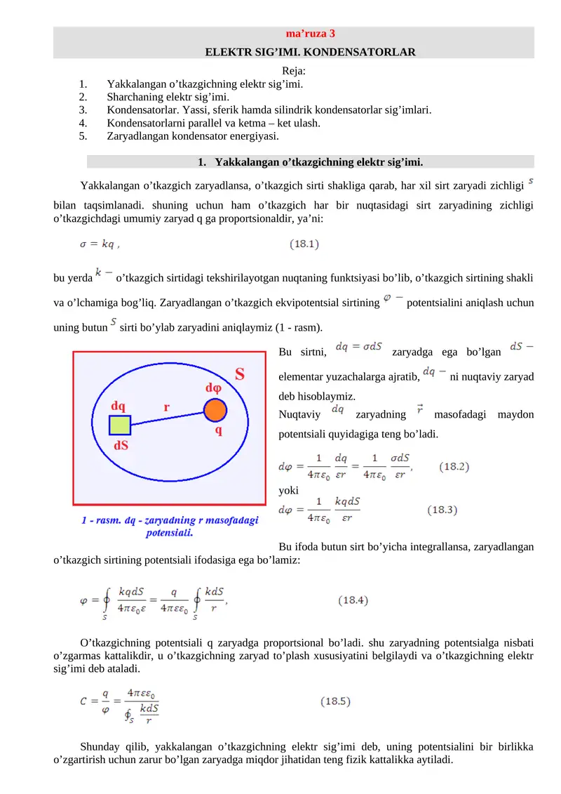 Elektr sig’imi. Kondensatorlar