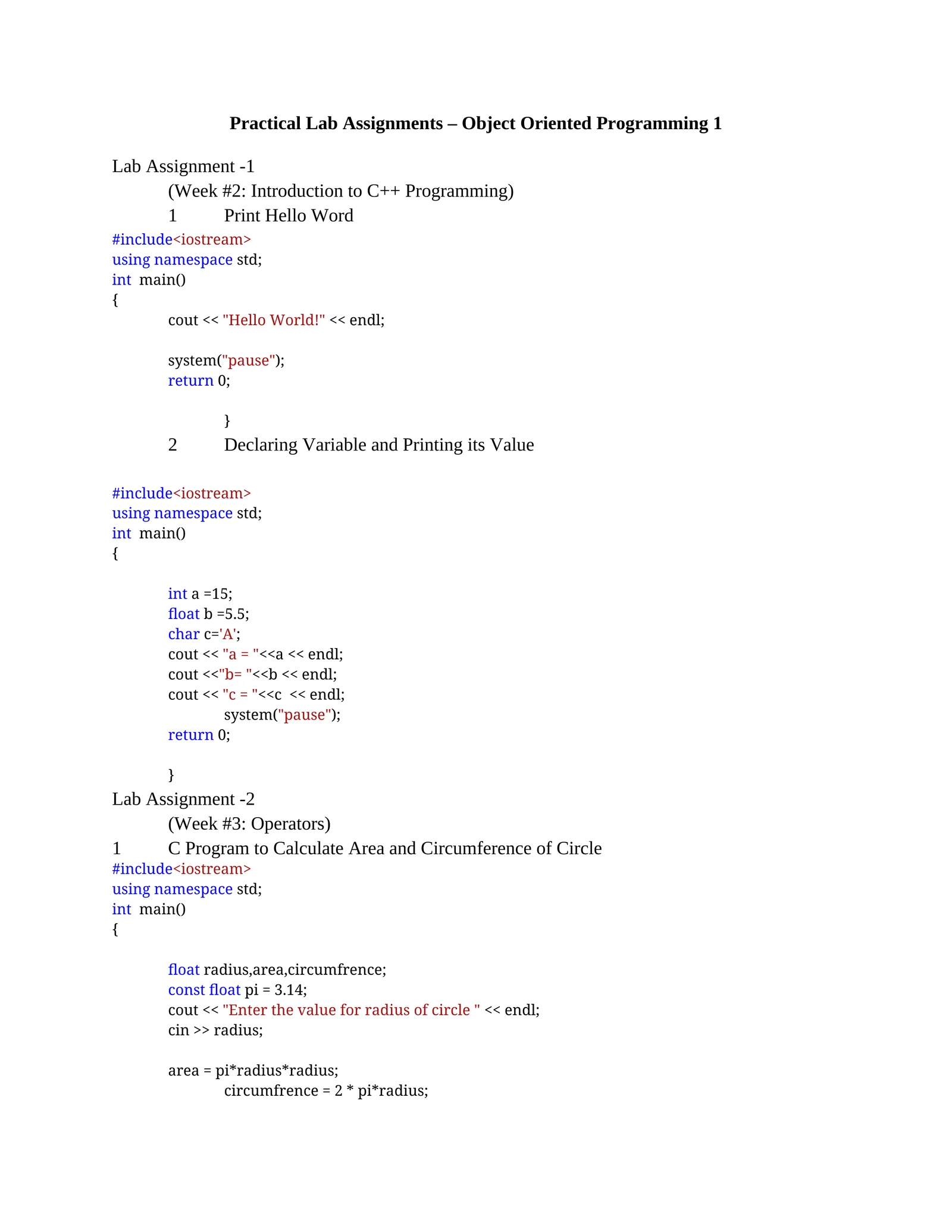 Practical Lab Assignments – Object Oriented Programming 1