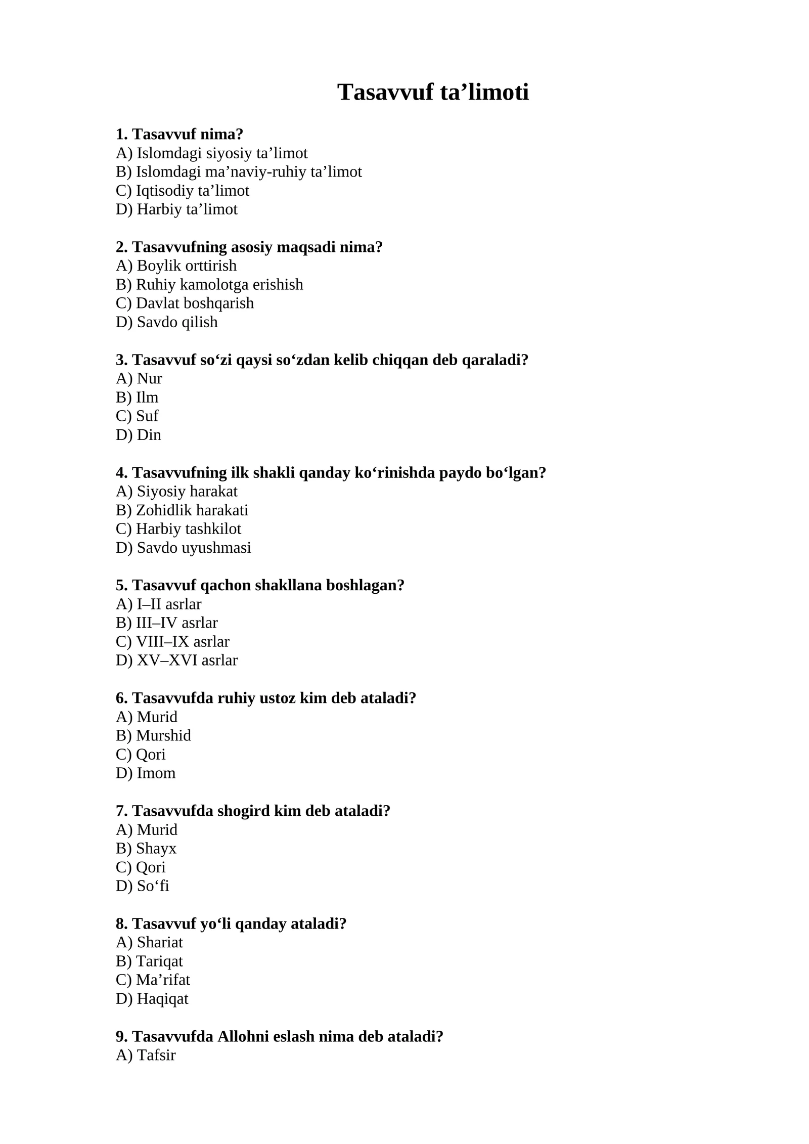 Tasavvuf ta’limoti (Test)