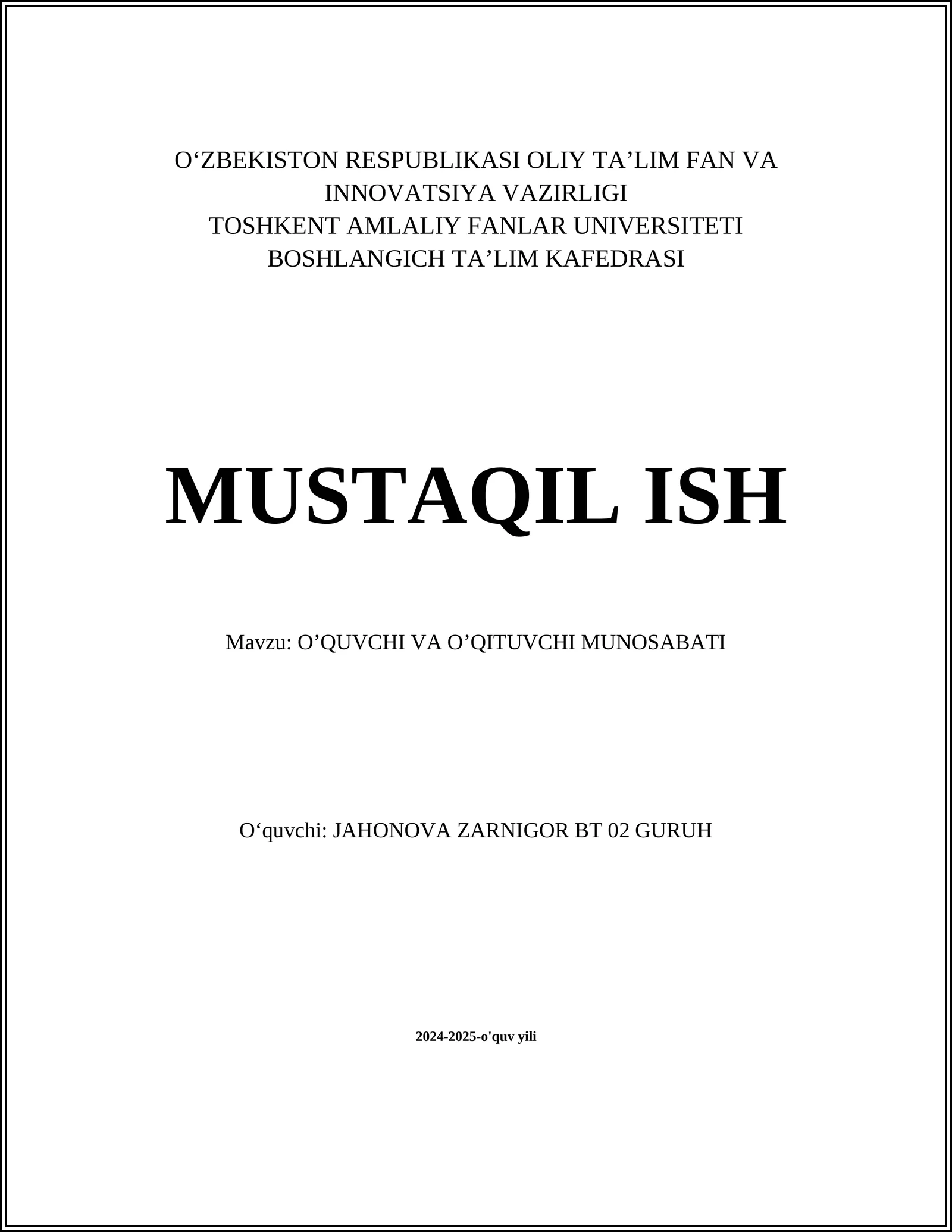 O‘QUVCHI VA O‘QITUVCHI MUNOSABATI