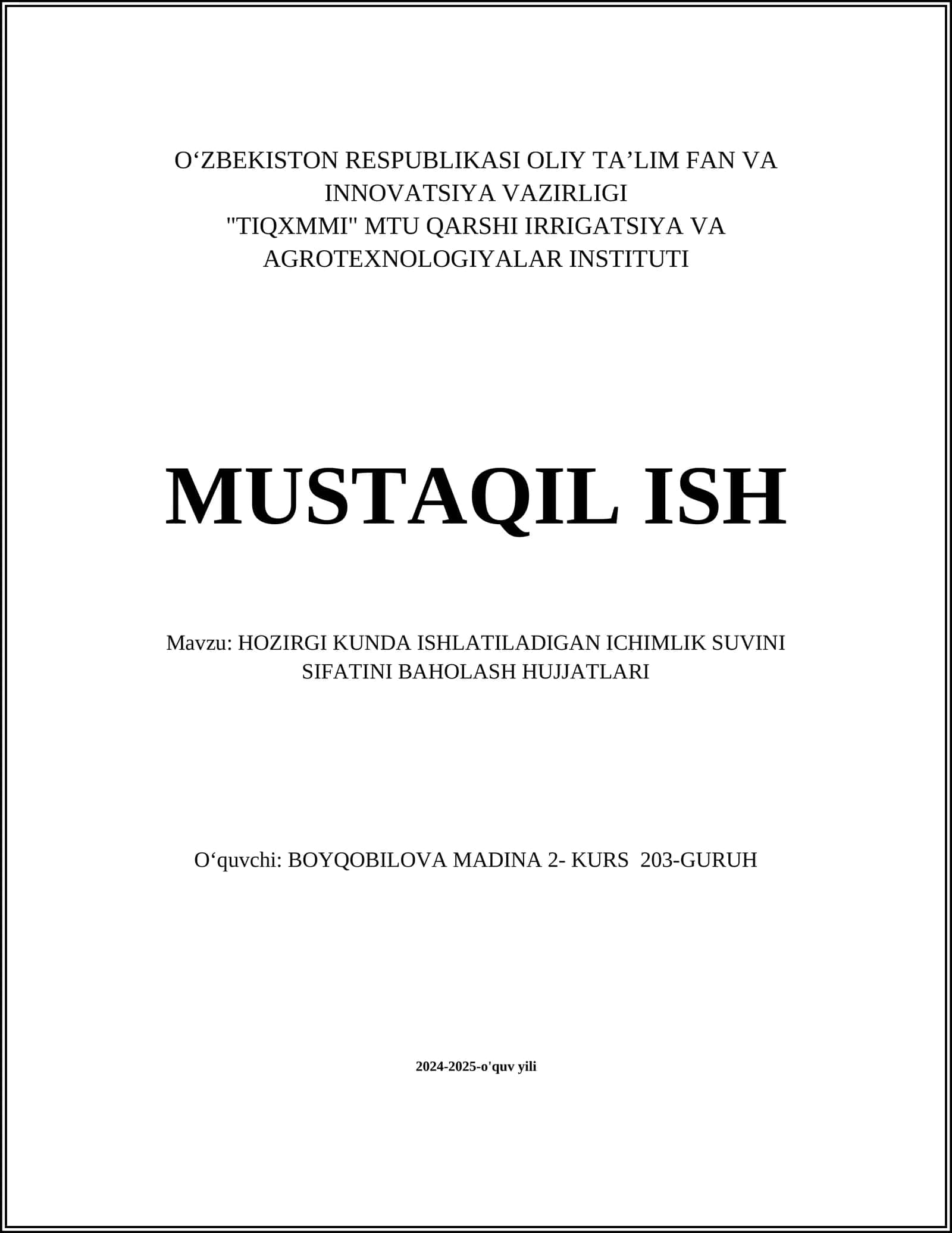 Ichimlik suvi sifatini baholash standartlari