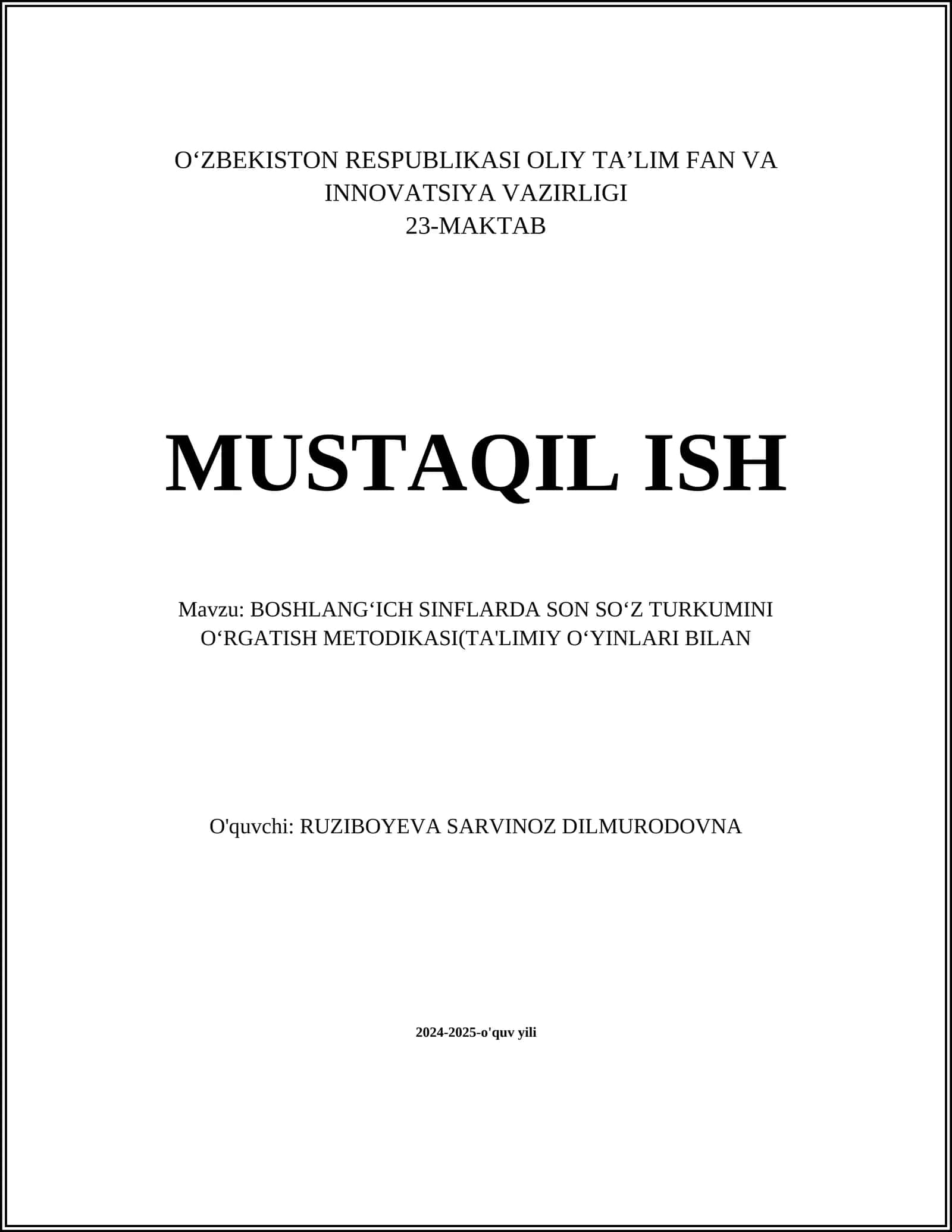 BOSHLANGʻICH SINFLARDA SON SOʻZ TURKUMINI OʻRGATISH METODIKASI(TA'LIMIY OʻYINLARI BILAN