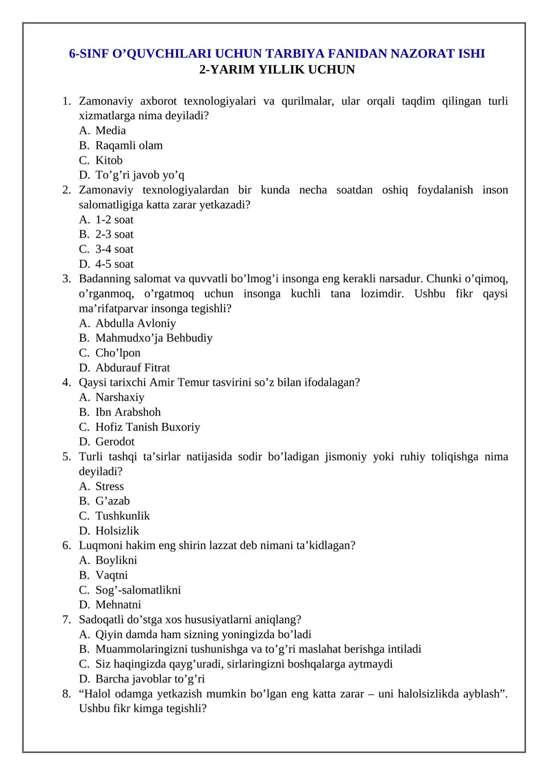 6-SINF O’QUVCHILARI UCHUN TARBIYA FANIDAN NAZORAT ISHI 2-YARIM YILLIK UCHUN