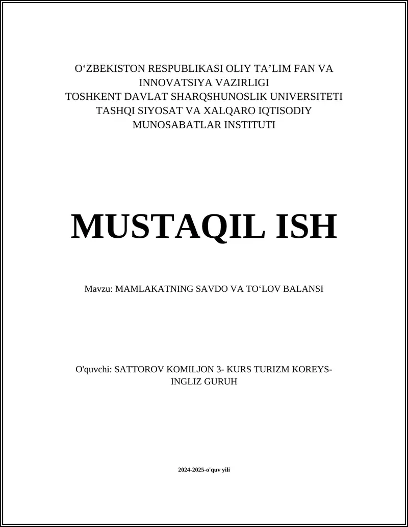 Mamlakatning Savdo va To'lov Balansi