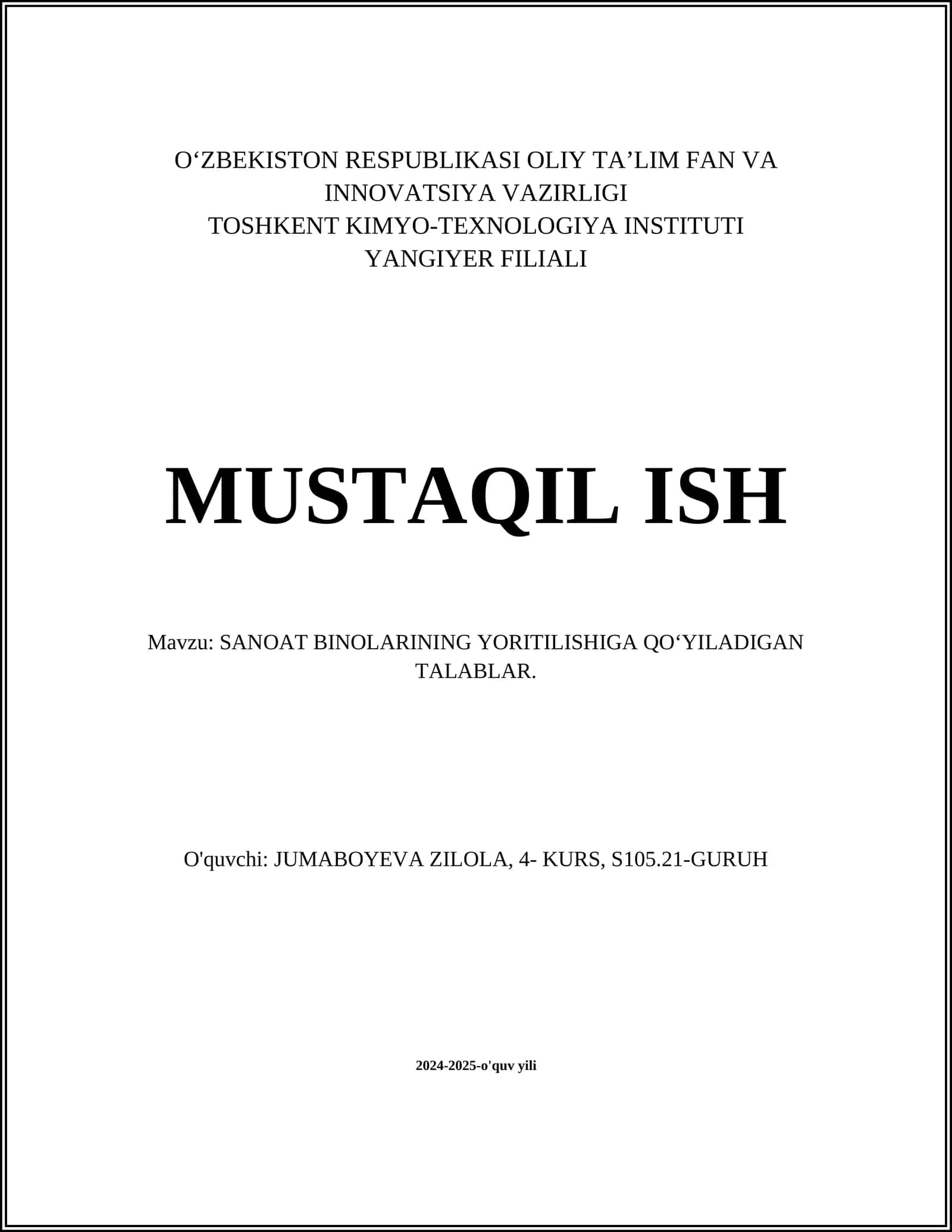 SANOAT BINOLARINING YORITILISHIGA QOʻYILADIGAN TALABLAR