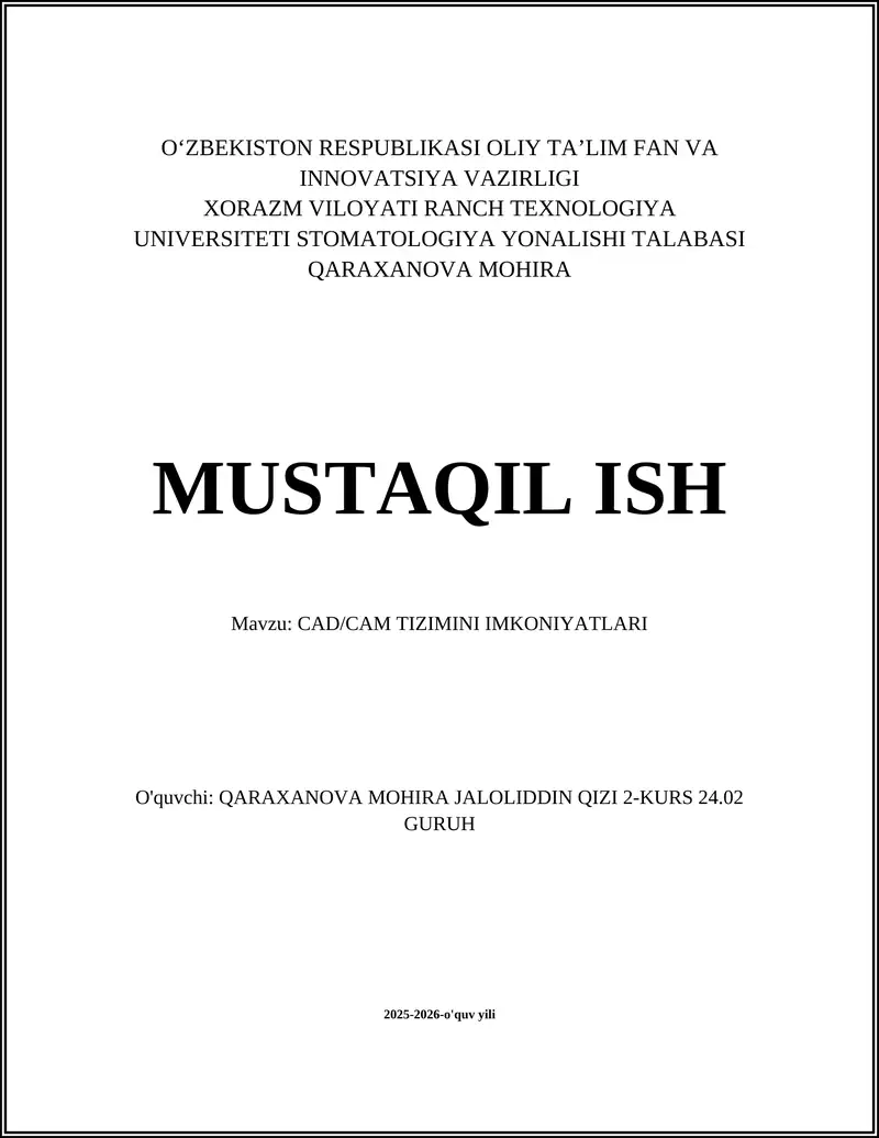 CAD/CAM TIZIMINI IMKONIYATLARI