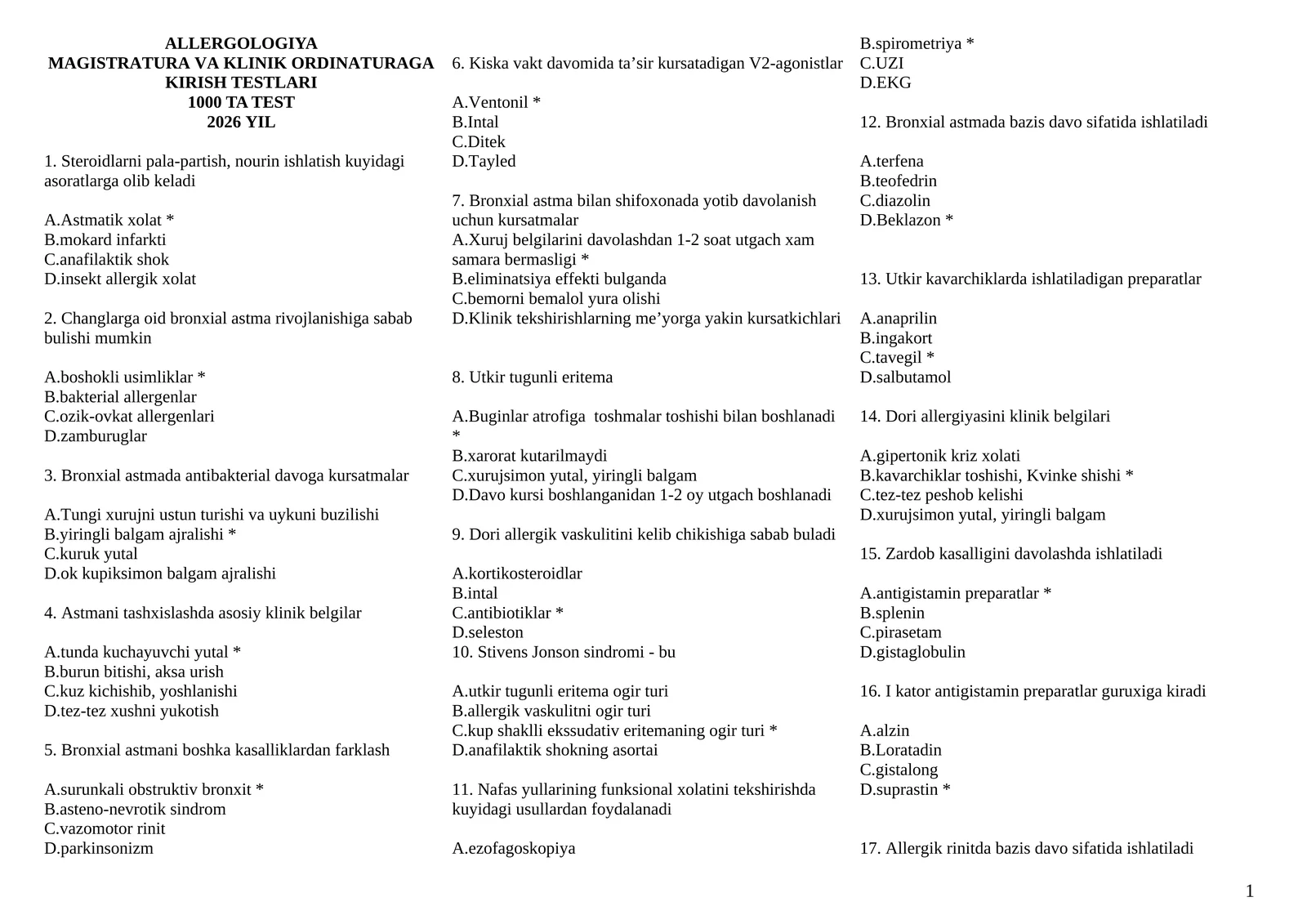 ALLERGOLOGIYA MAGISTRATURA VA KLINIK ORDINATURAGA KIRISH TESTLARI 1000 TA TEST 2026 YIL