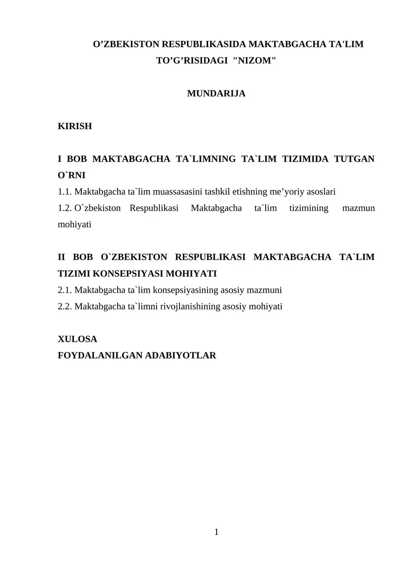 Oʻzbekiston Respublikasida Maktabgacha Ta'lim To'g'risidagi "Nizom"