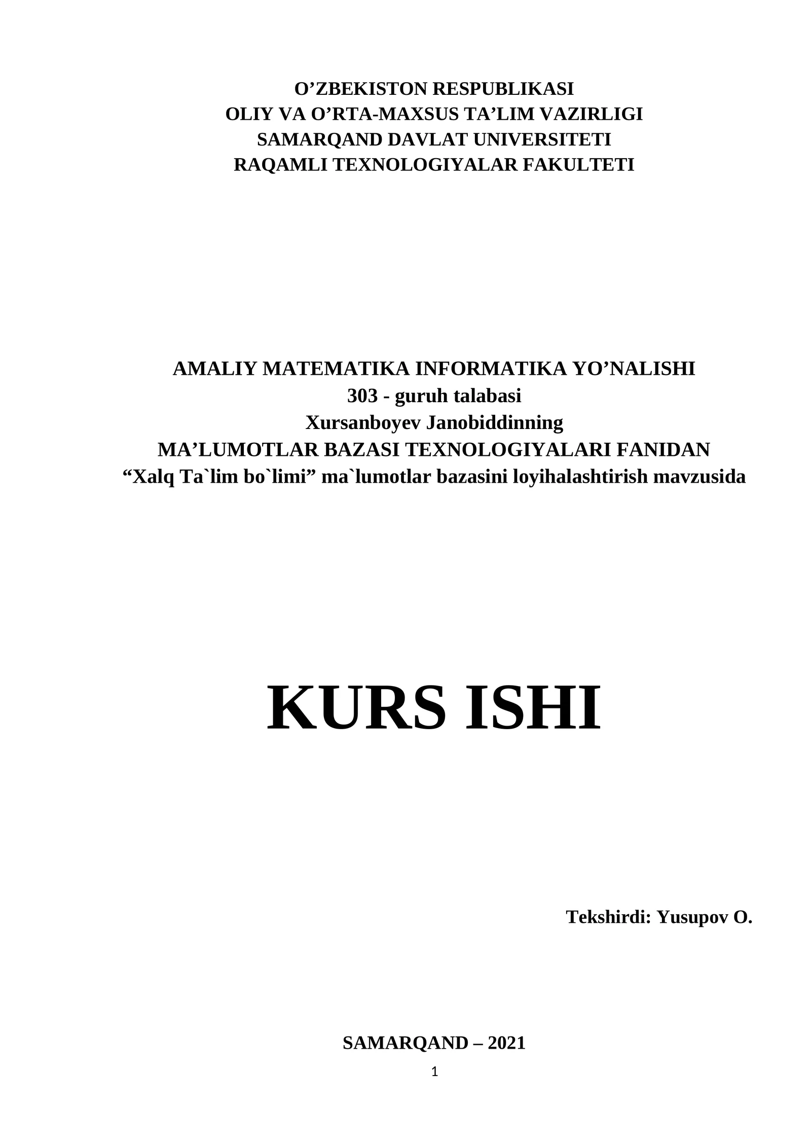 Xalq Ta`lim bo`limi ma`lumotlar bazasini loyihalashtirish
