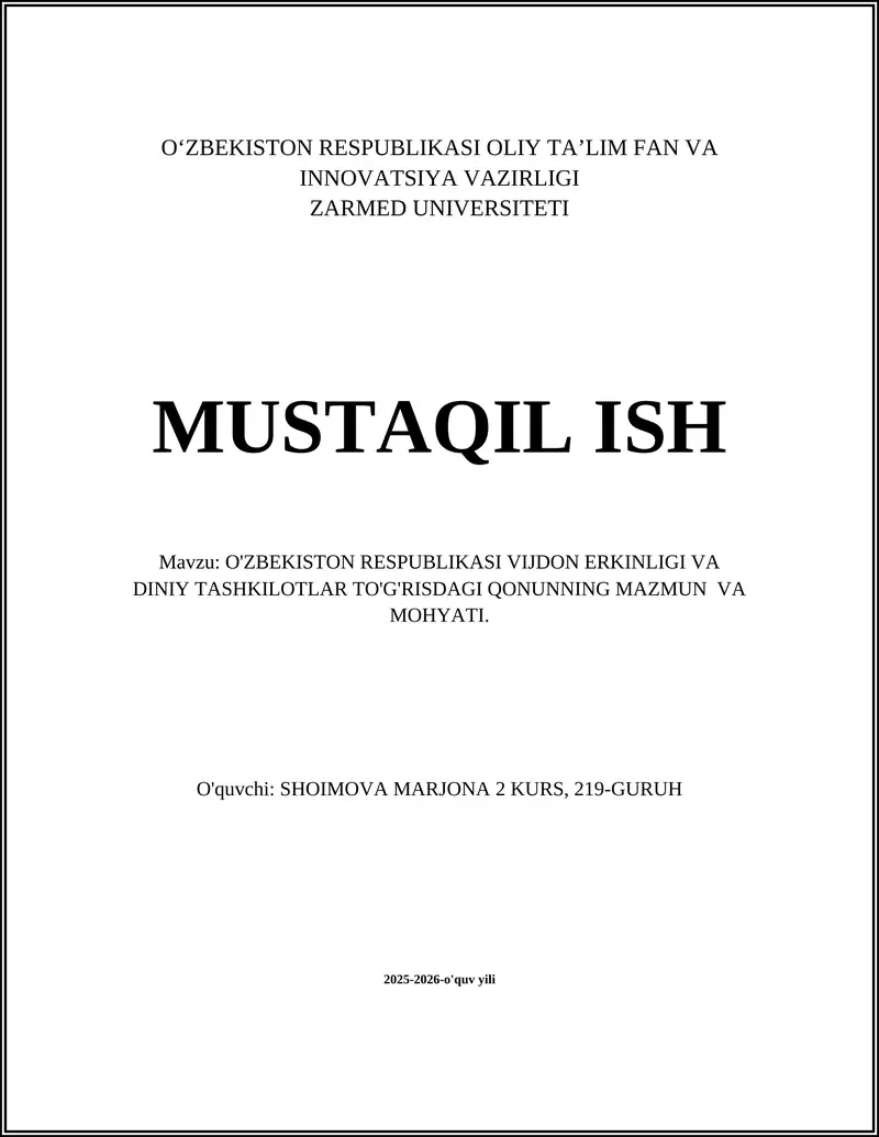 O'ZBEKISTON RESPUBLIKASI VIJDON ERKINLIGI VA DINIY TASHKILOTLAR TO'G'RISIDAGI QONUN
