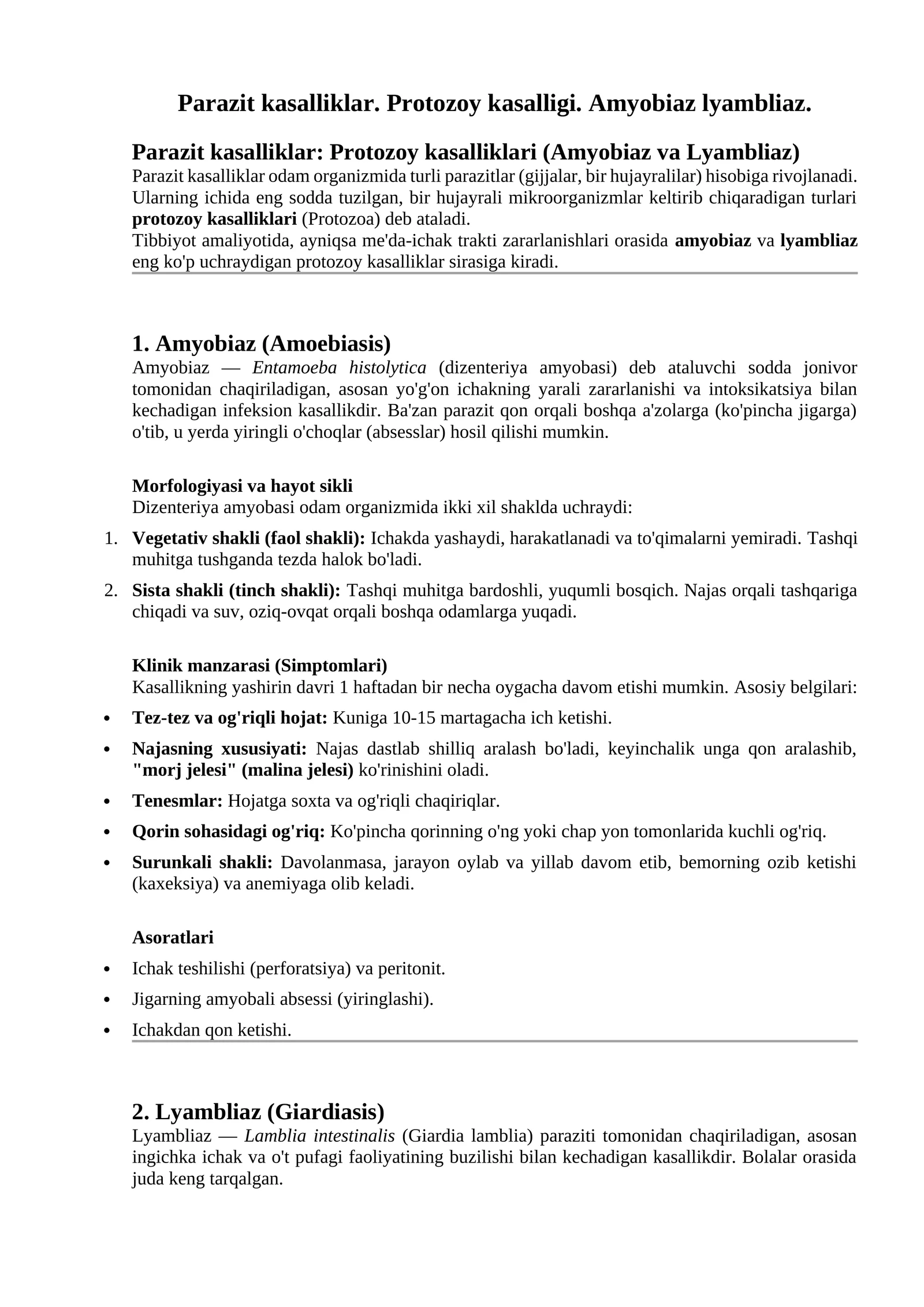 Parazit kasalliklar: Protozoy kasalliklari (Amyobiaz va Lyambliaz)