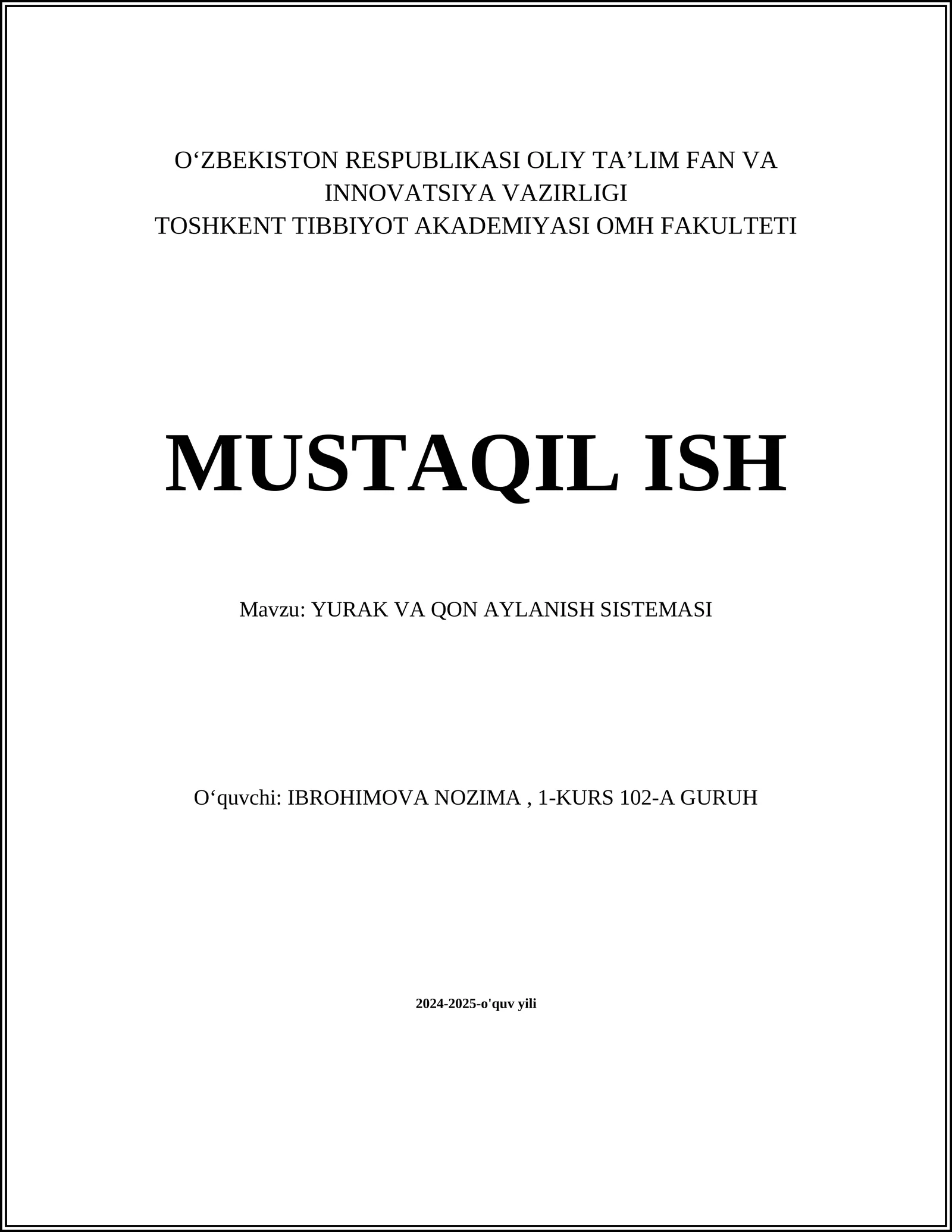 YURAK VA QON AYLANISH SISTEMASI