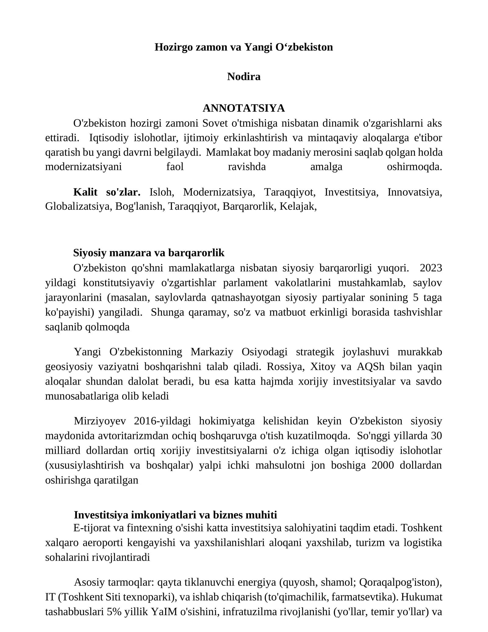 Hozirgo zamon va Yangi O‘zbekiston