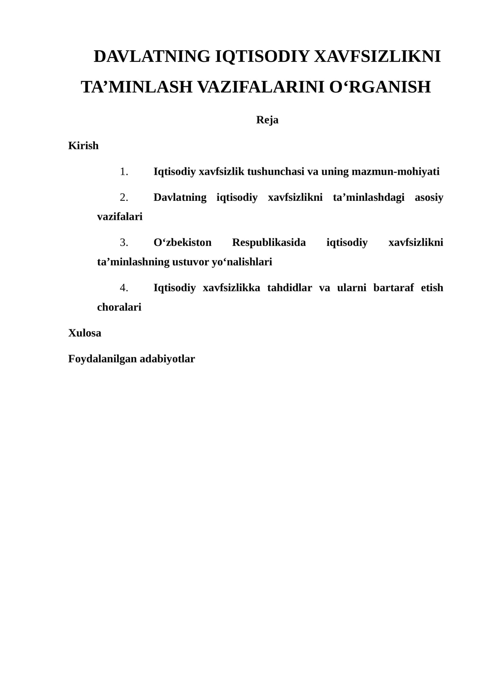 DAVLATNING IQTISODIY XAVFSIZLIKNI TA’MINLASH VAZIFALARINI O‘RGANISH