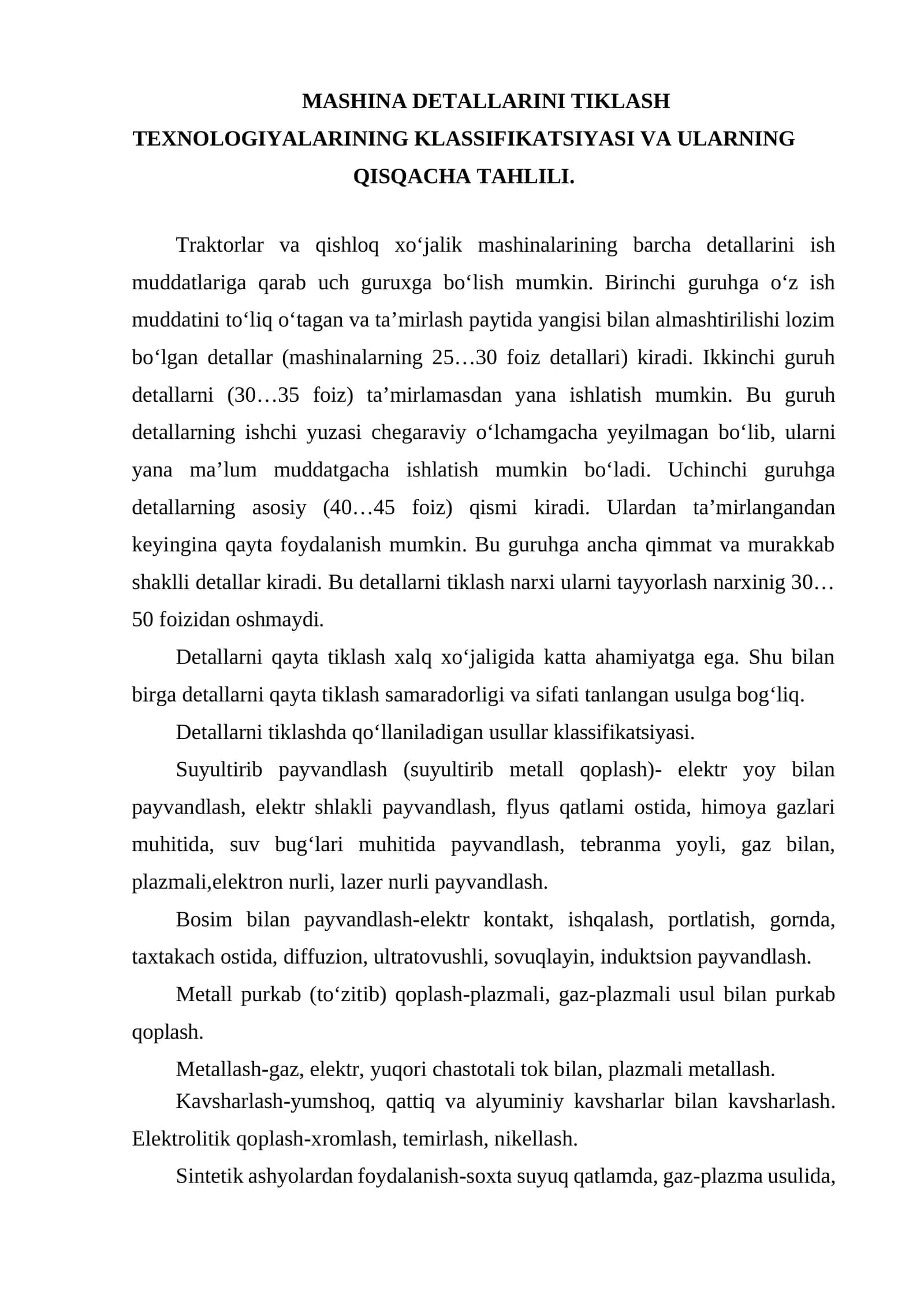Mashina Detallarini Tiklash Texnologiyalarining Klassifikatsiyasi Va Ularning Qisqacha Tahlili
