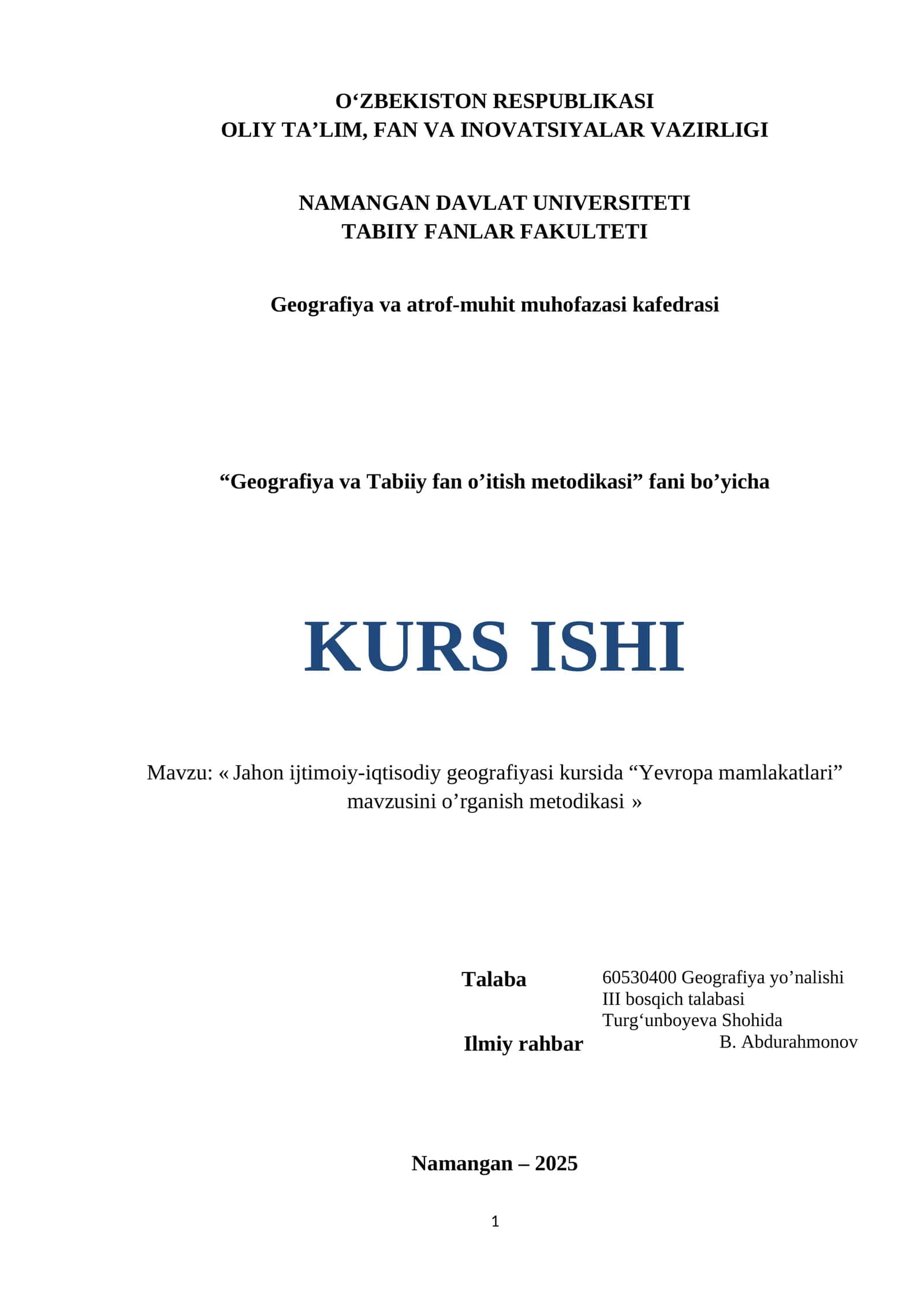 Jahon ijtimoiy-iqtisodiy geografiyasi kursida "Yevropa mamlakatlari" mavzusini o'rganish metodikasi