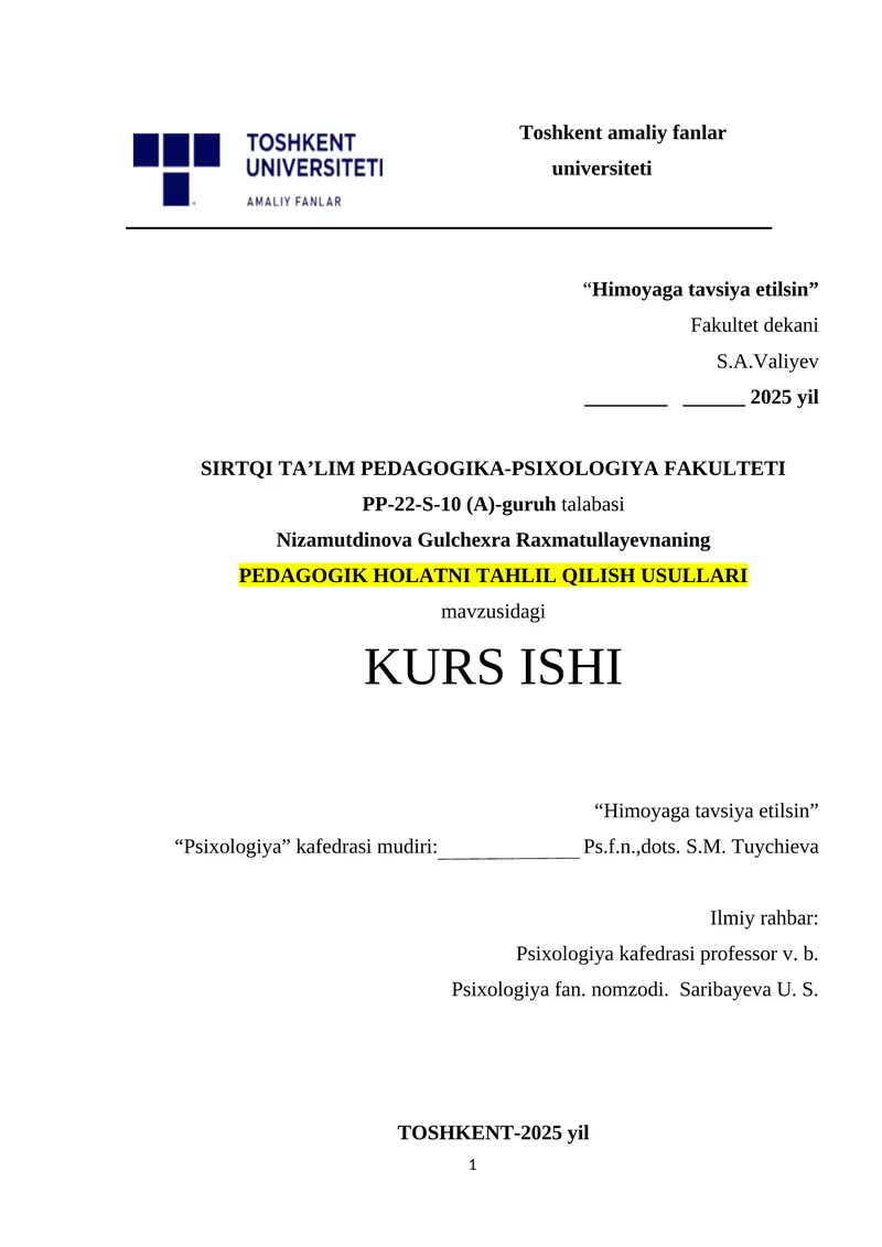 PEDAGOGIK HOLATNI TAHLIL QILISH USULLARI