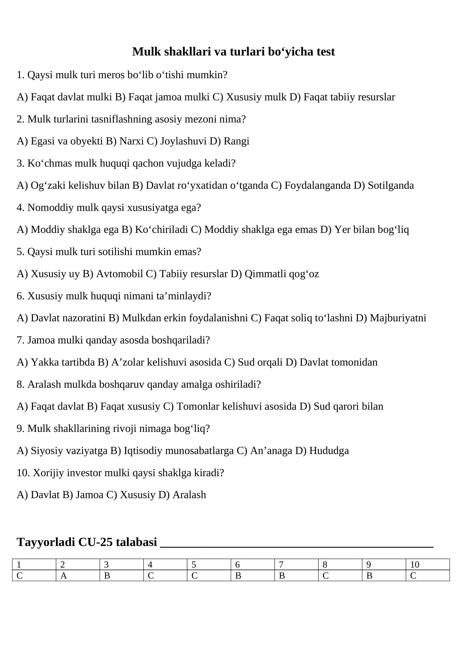 Mulk shakllari va turlari bo‘yicha test