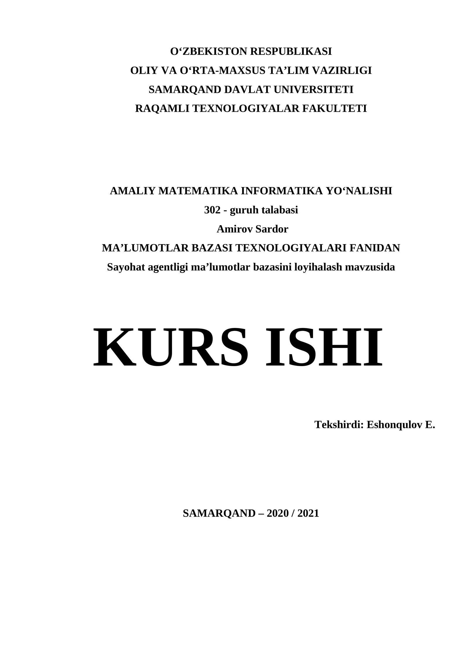 MA’LUMOTLAR BAZASI TEXNOLOGIYALARI FANIDAN