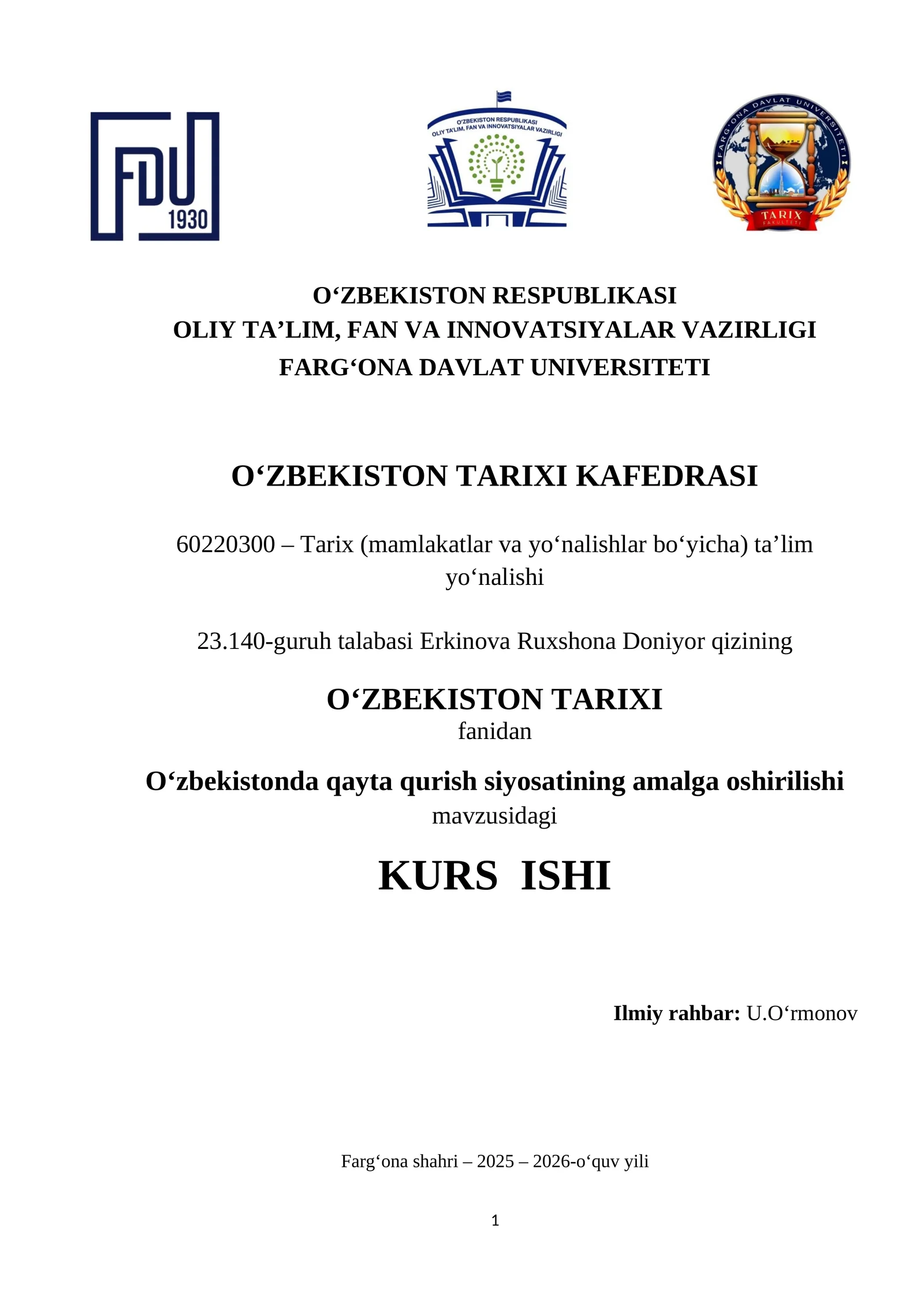 Kurs Ishi - O‘zbekistonda qayta qurish siyosatining amalga oshirilishi