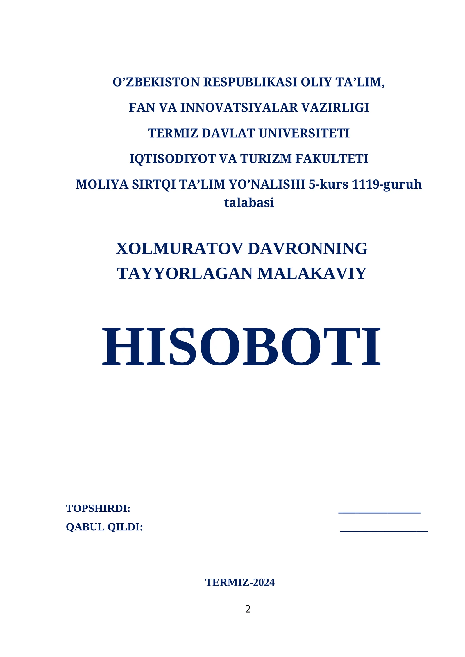 Moliya Sirtqi Ta'lim Yo'nalishi Malakaviy Hisoboti