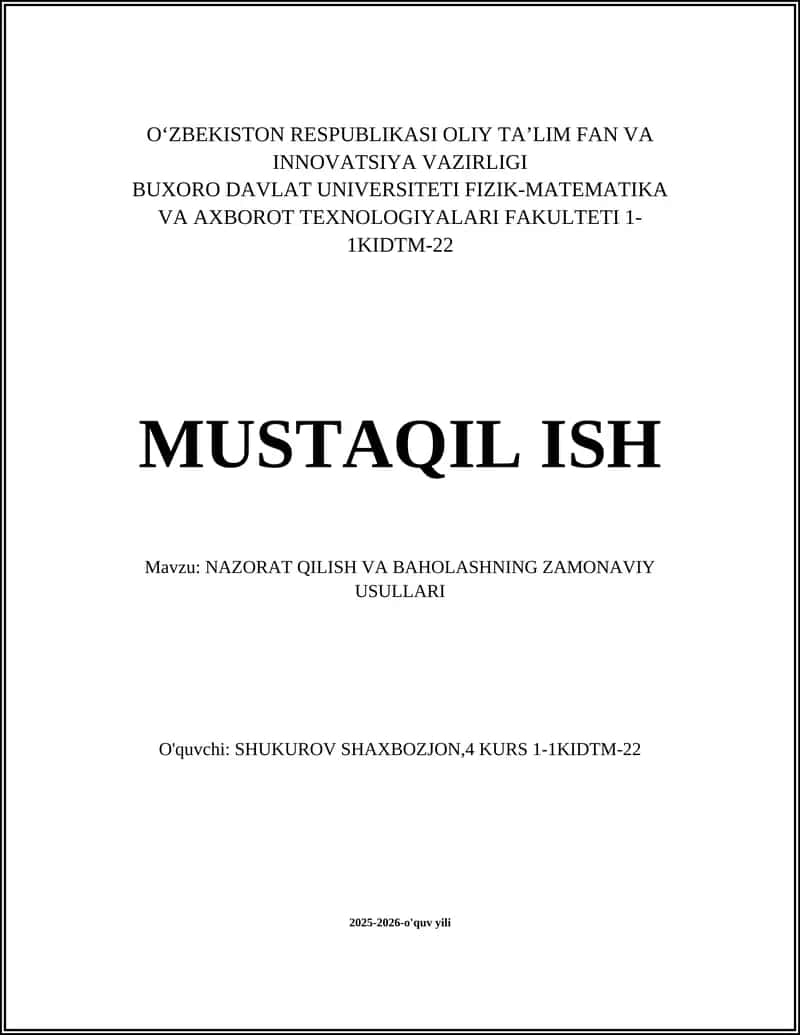 NAZORAT QILISH VA BAHOLASHNING ZAMONAVIY USULLARI