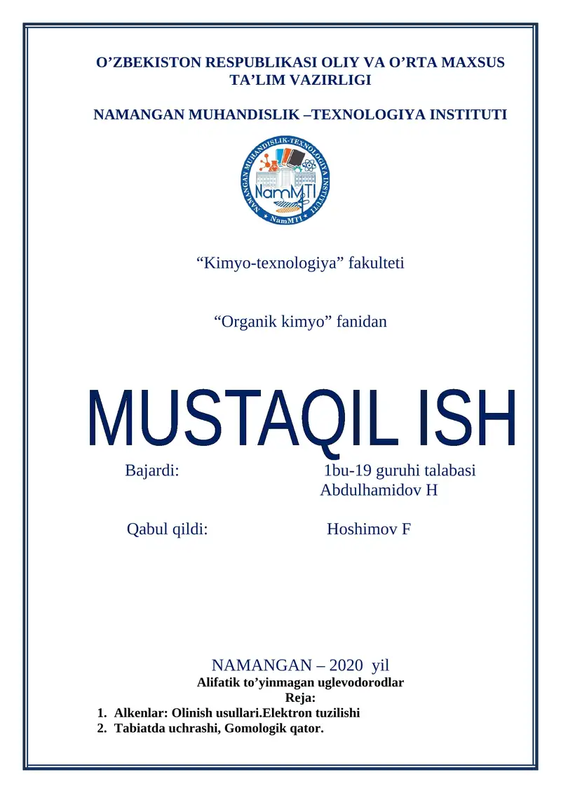 Alifatik to’yinmagan uglevodorodlar
