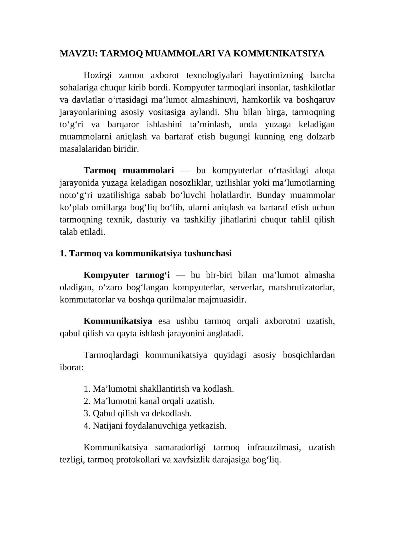TARMOQ MUAMMOLARI VA KOMMUNIKATSIYA