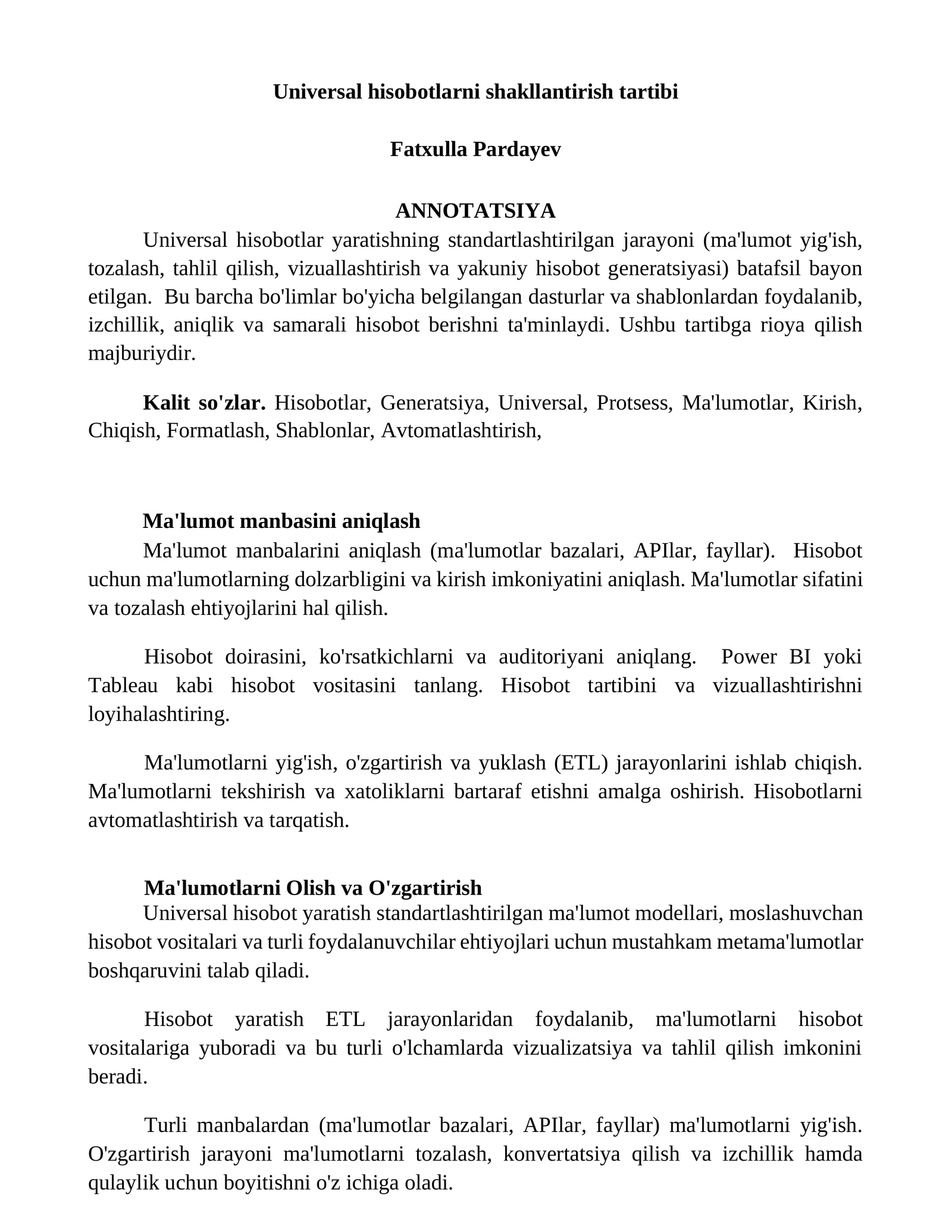 Universal hisobotlarni shakllantirish tartibi