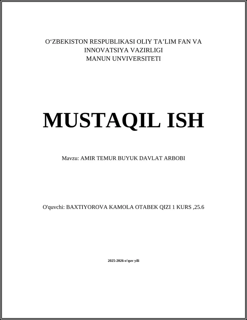 AMIR TEMUR BUYUK DAVLAT ARBOBI