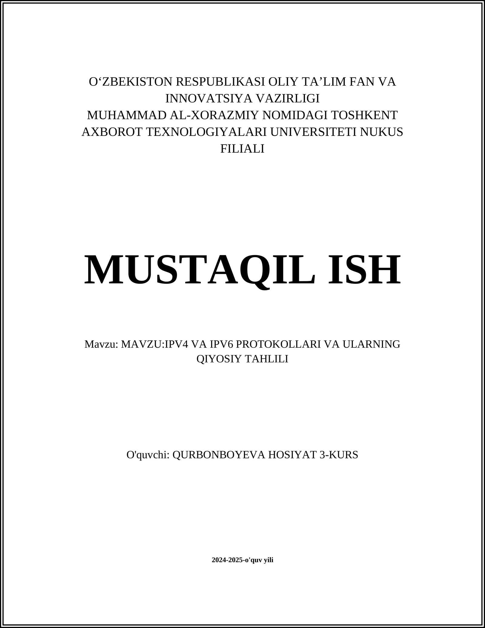 IPV4 VA IPV6 PROTOKOLLARI VA ULARNING QIYOSIY TAHLILI