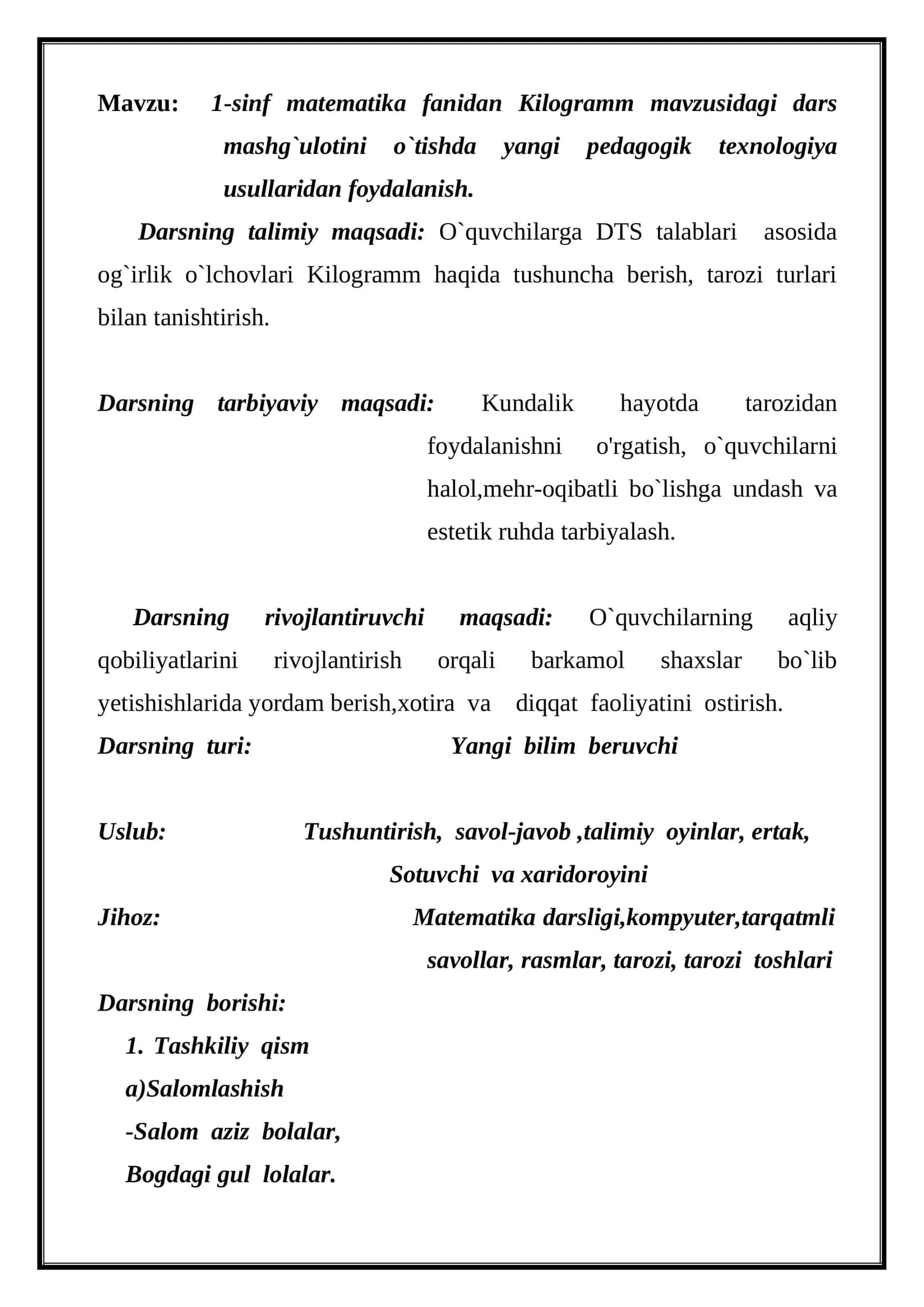 1-sinf matematika fanidan Kilogramm mavzusidagi dars mashg`uloti