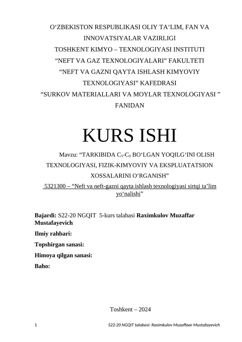 "Neft va gazni qayta ishlash kimyoviy texnologiyasi" Kurs ishi