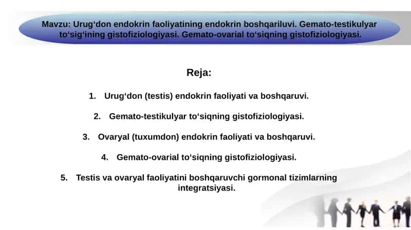 Urugʻdon endokrin faoliyatining endokrin boshqariluvi. Gemato-testikulyar  toʻsigʻining gistofiziologiyasi. Gemato-ovarial toʻsiqning gistofiziologiyasi