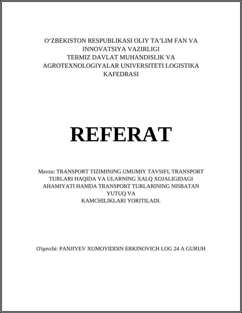 TRANSPORT TIZIMINING UMUMIY TAVSIFI