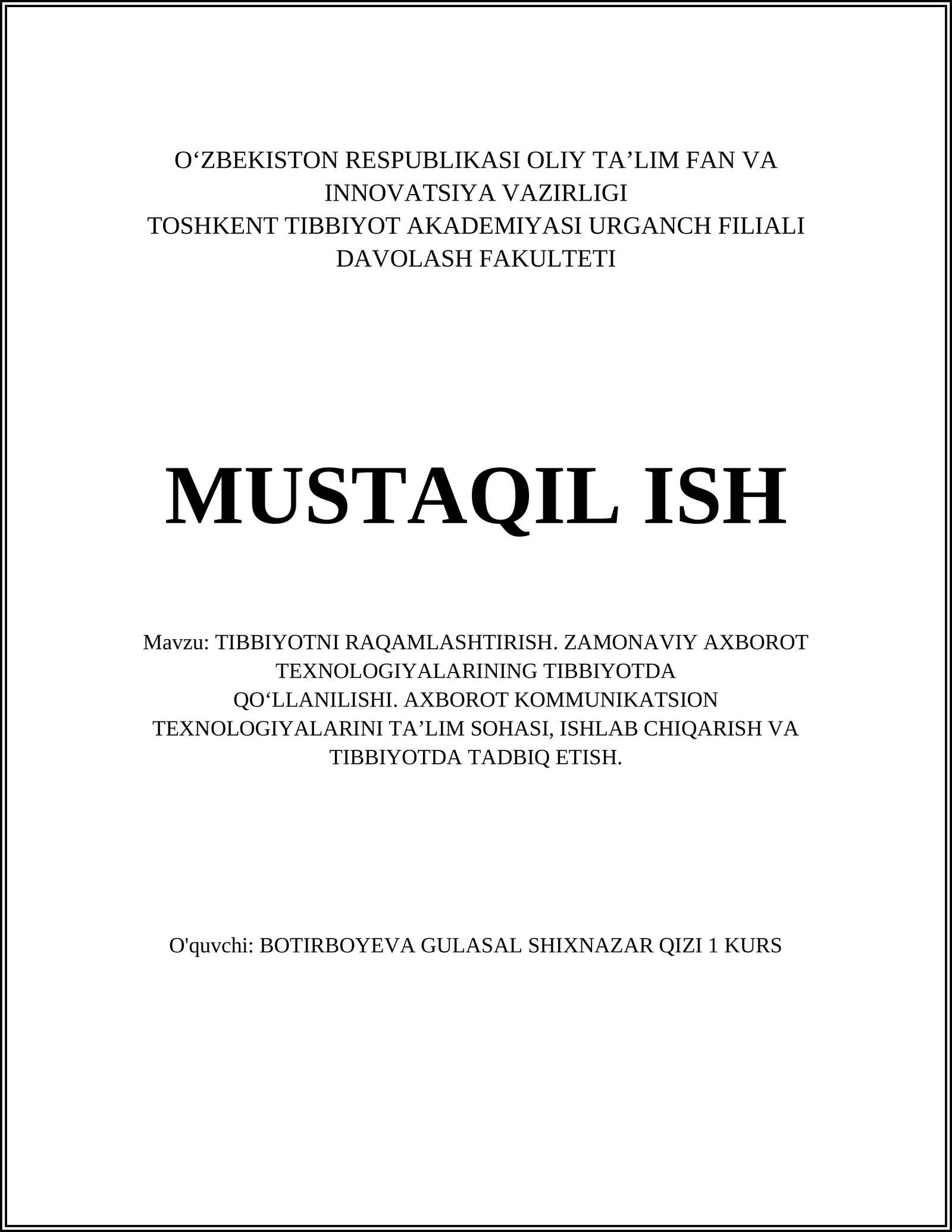 TIBBIYOTNI RAQAMLASHTIRISH
