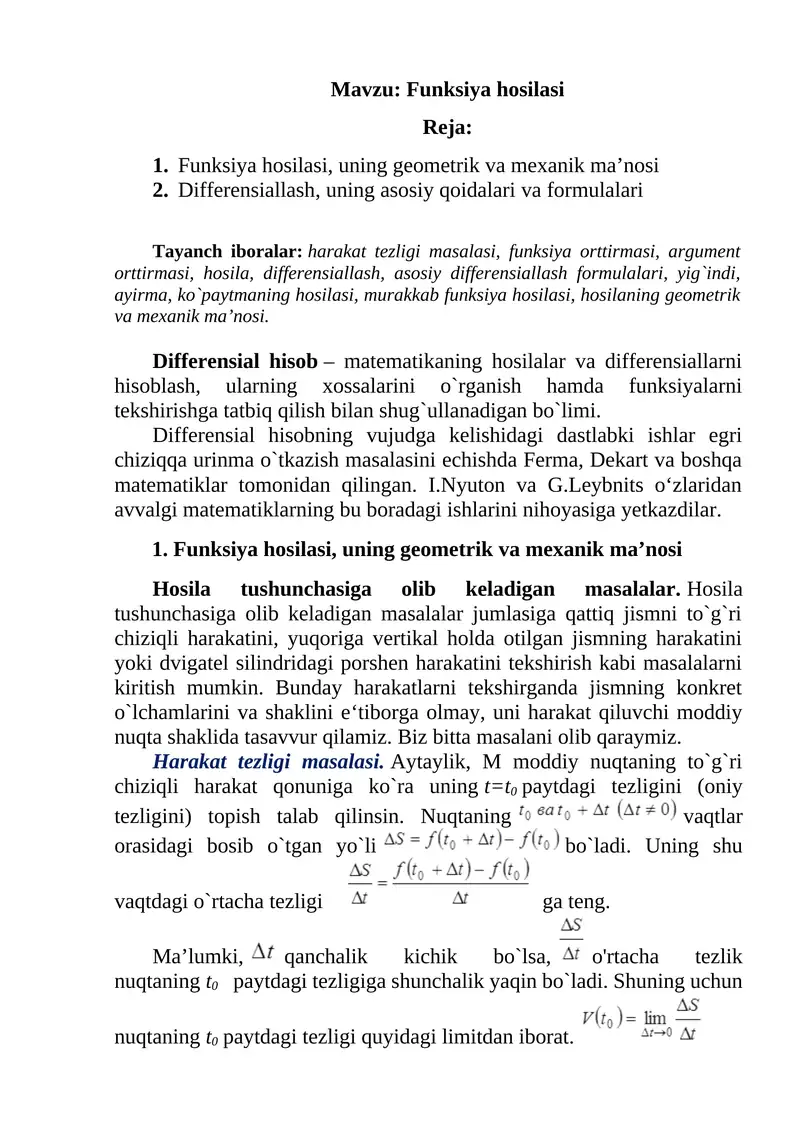 Funksiya hosilasi