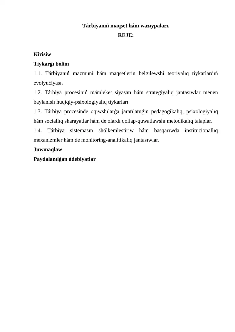 Tárbiyanıń maqset hám wazıypaları