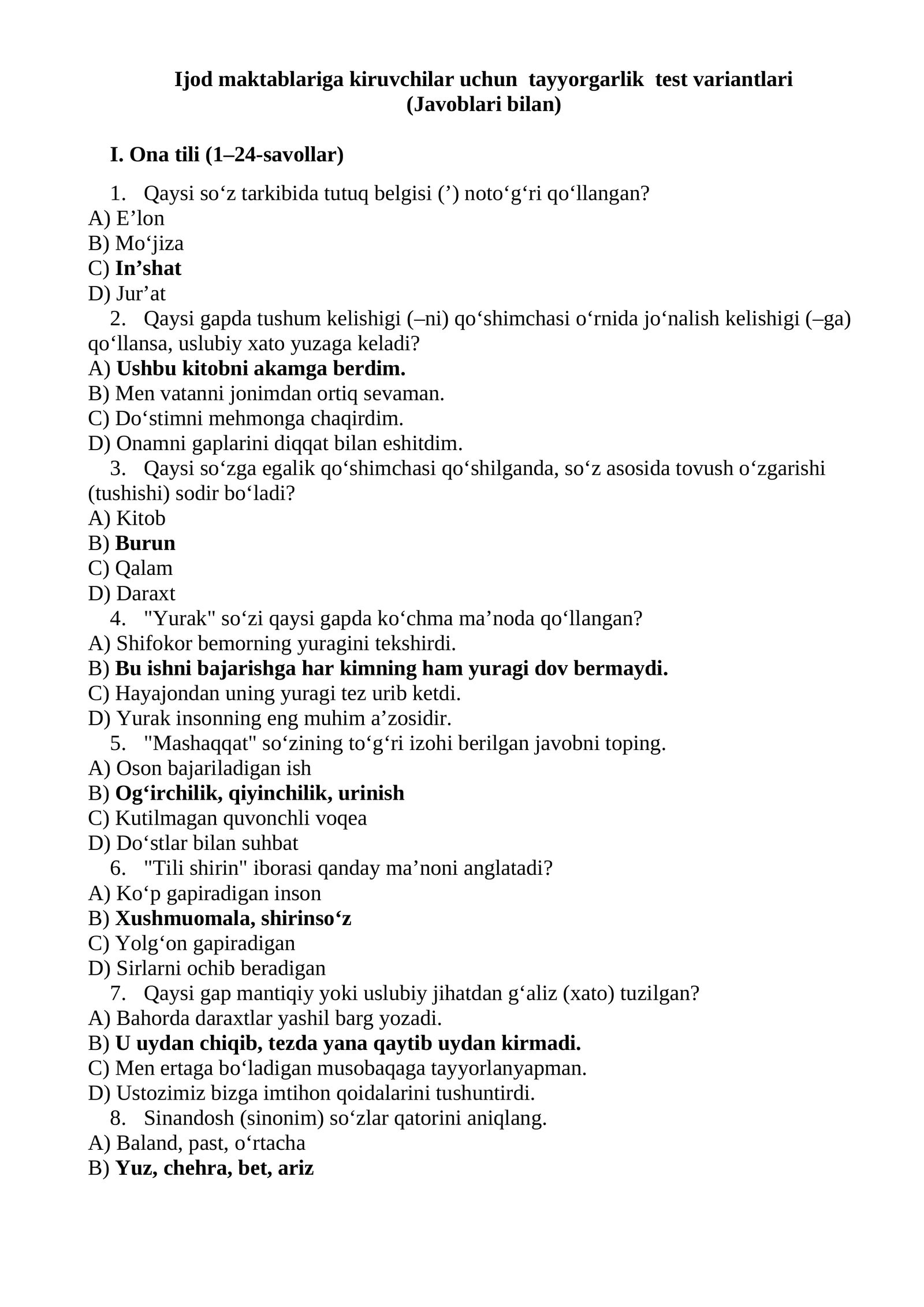 Ijod maktablariga kiruvchilar uchun tayyorgarlik test variantlari II-variantlari (Javoblari bilan)