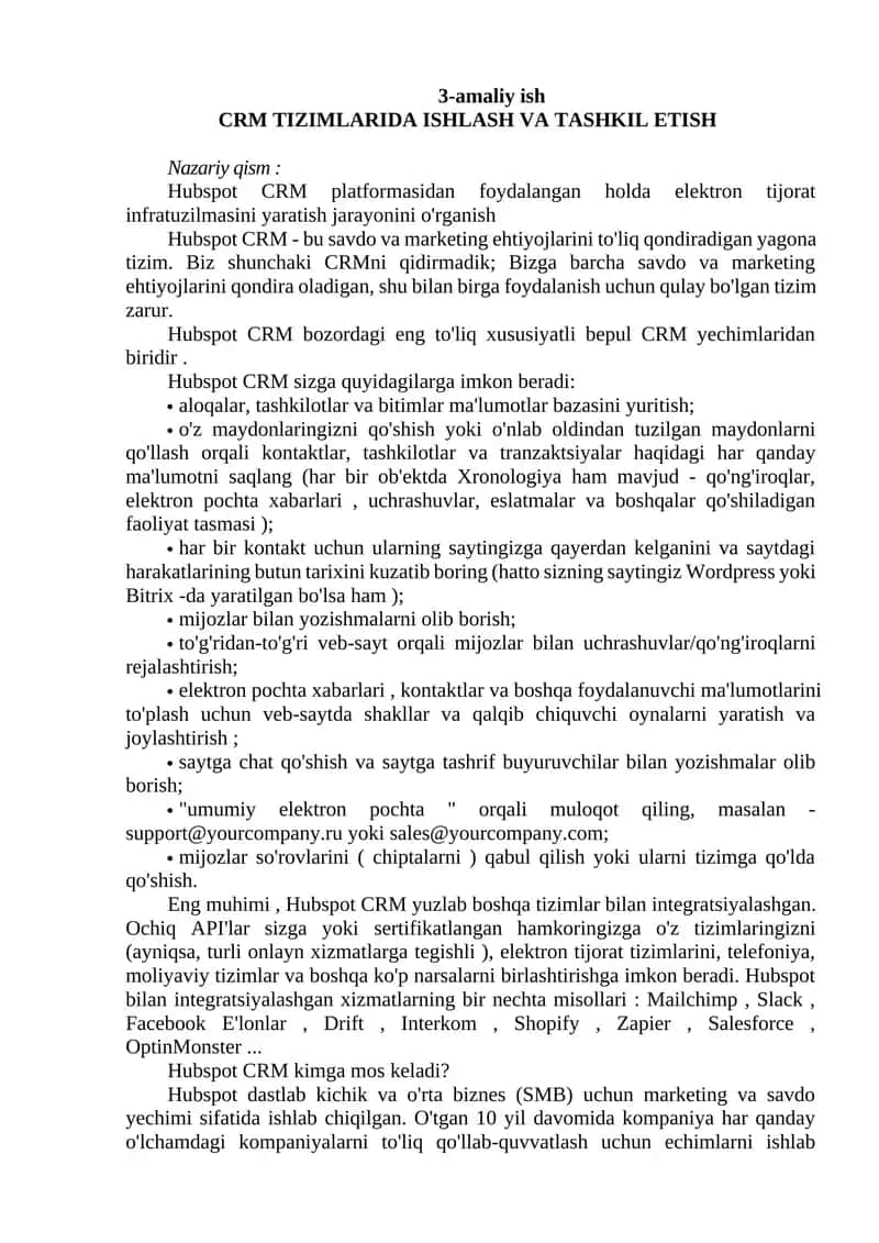 CRM TIZIMLARIDA ISHLASH VA TASHKIL ETISH
