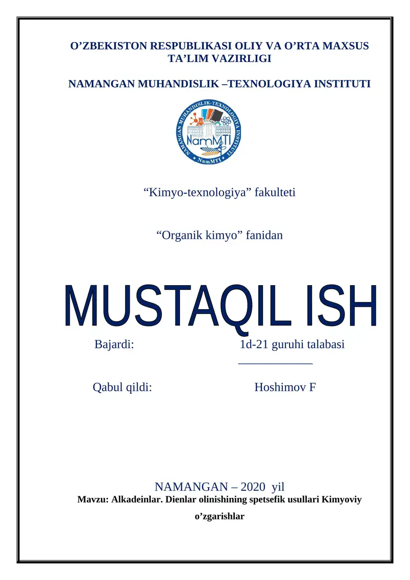 Alkadeinlar. Dienlar olinishining spetsefik usullari Kimyoviy o’zgarishlar