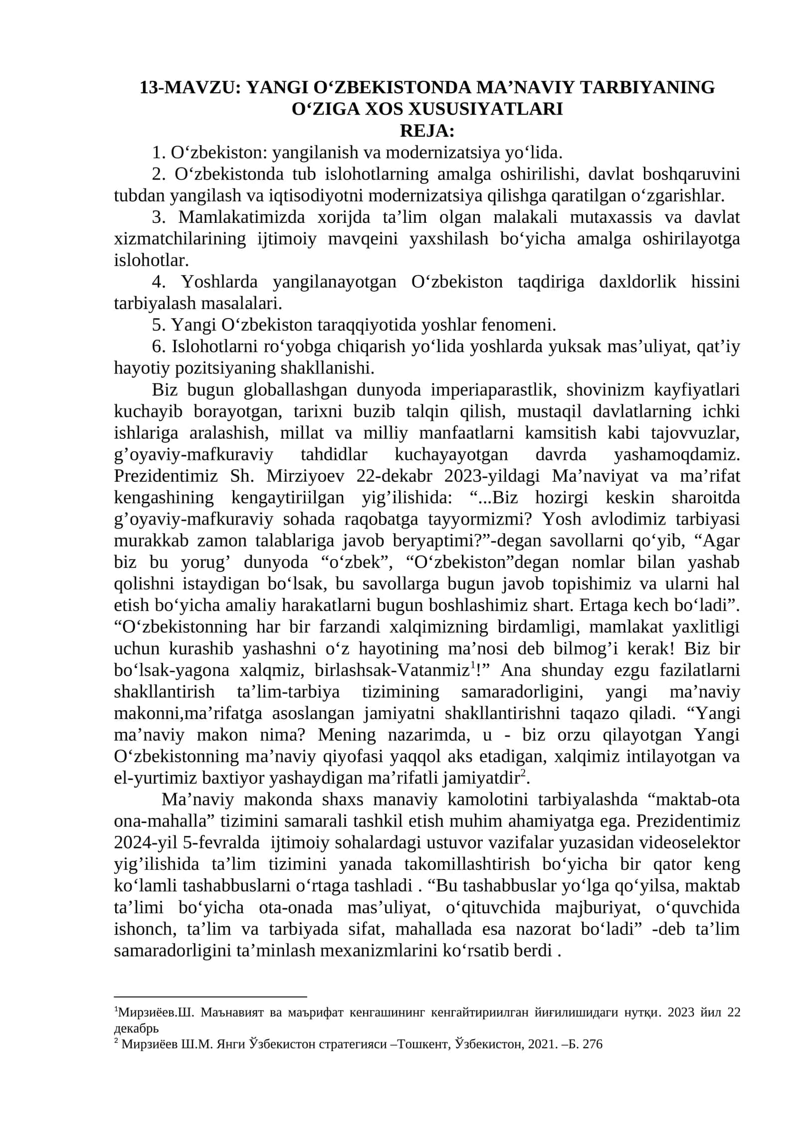YANGI O‘ZBEKISTONDA MA’NAVIY TARBIYANING O‘ZIGA XOS XUSUSIYATLARI