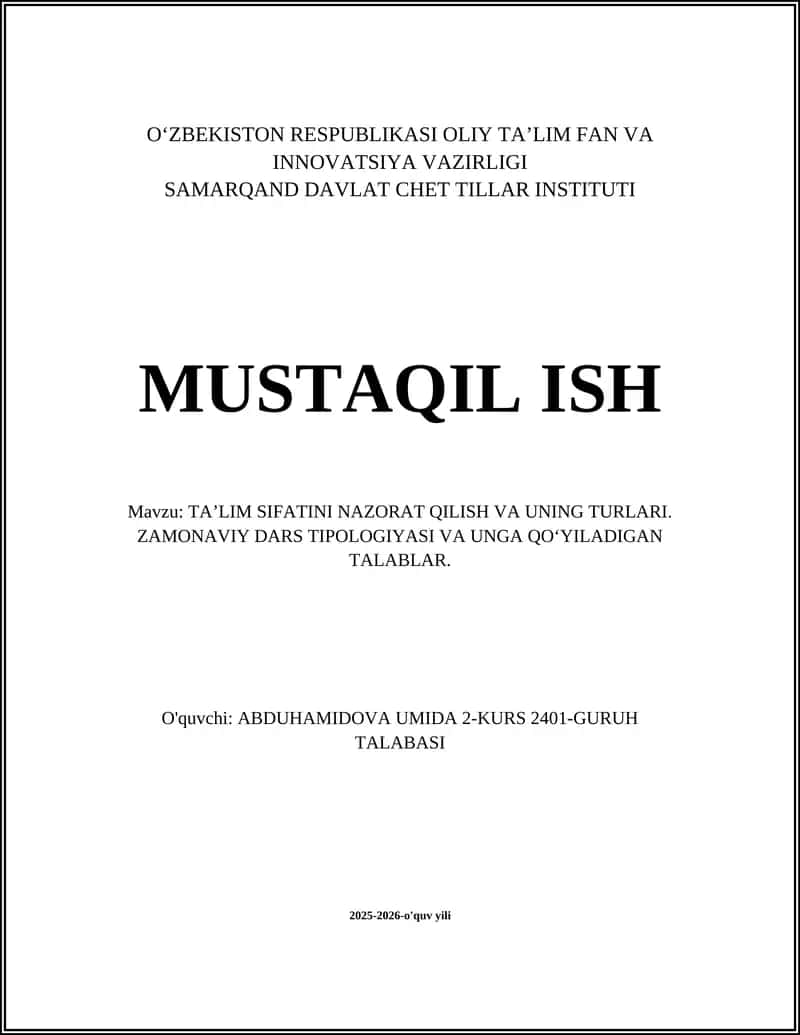 TA’LIM SIFATINI NAZORAT QILISH VA UNING TURLARI