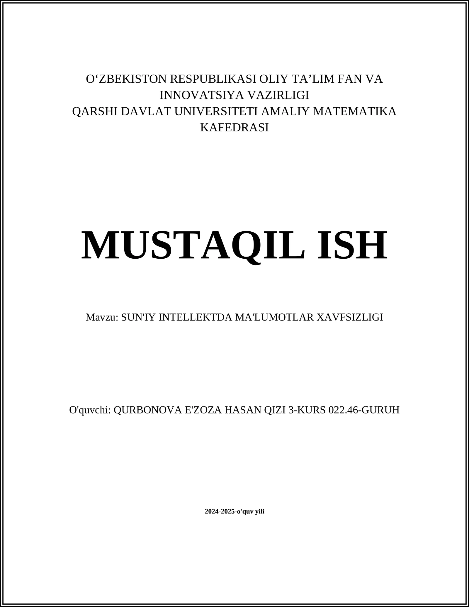 SUN'IY INTELLEKTDA MA'LUMOTLAR XAVFSIZLIGI
