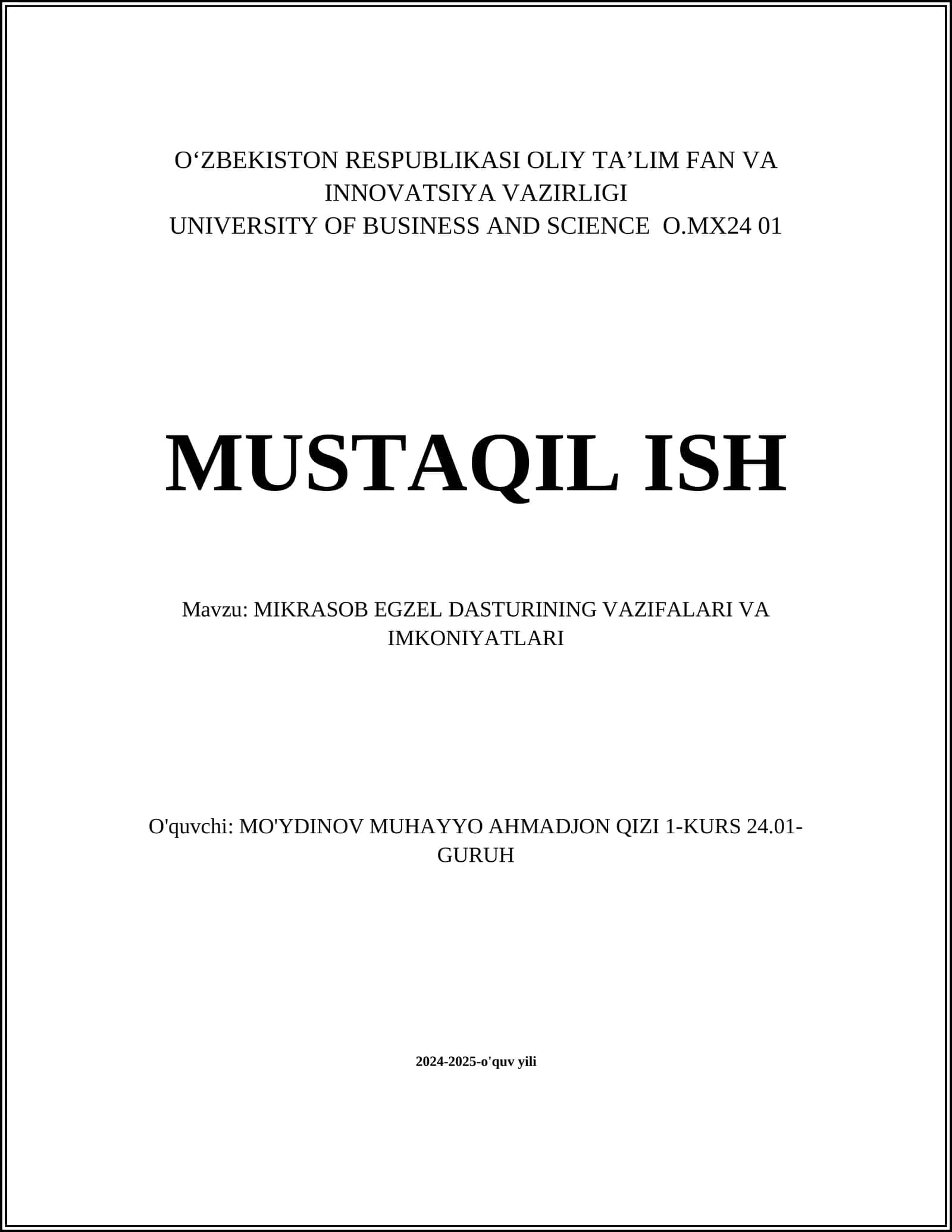 MIKRASOB EGZEL DASTURINING VAZIFALARI VA IMKONIYATLARI