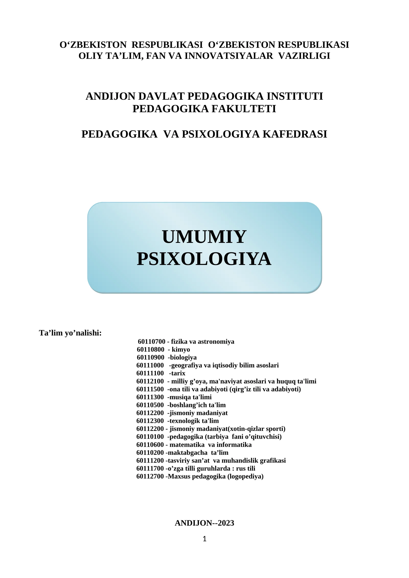 UMUMIY PSIXOLOGIYA O’QUV-USLUBIY MAJMUA