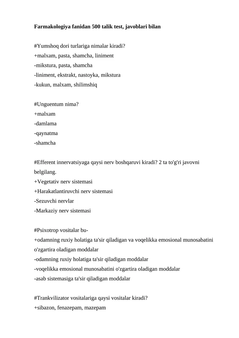 Farmakologiya fanidan 500 talik test, javoblari bilan
