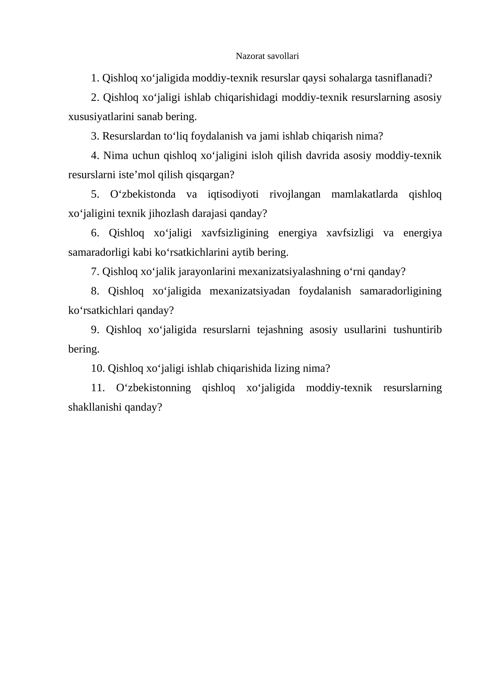 Qishloq xo‘jaligida moddiy-texnik resurslar