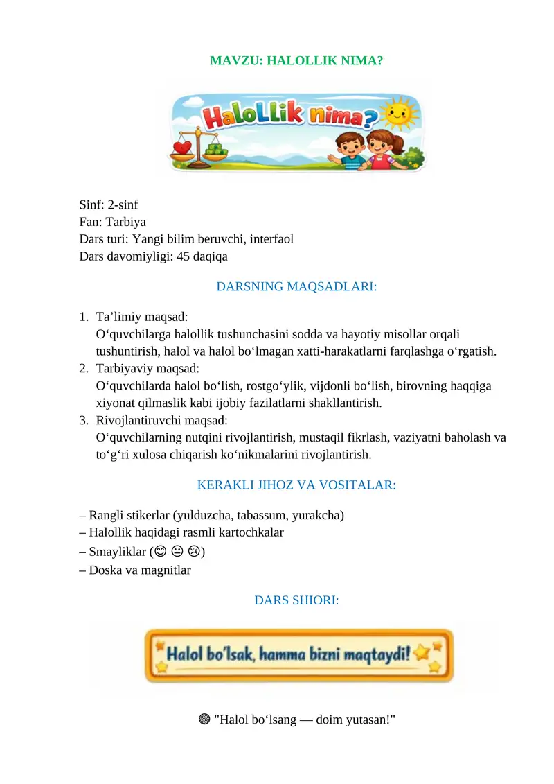 Mavzu: HALOLLIK NIMA? (2 sinf tarbiya fanidan dars ishlanmasi.)